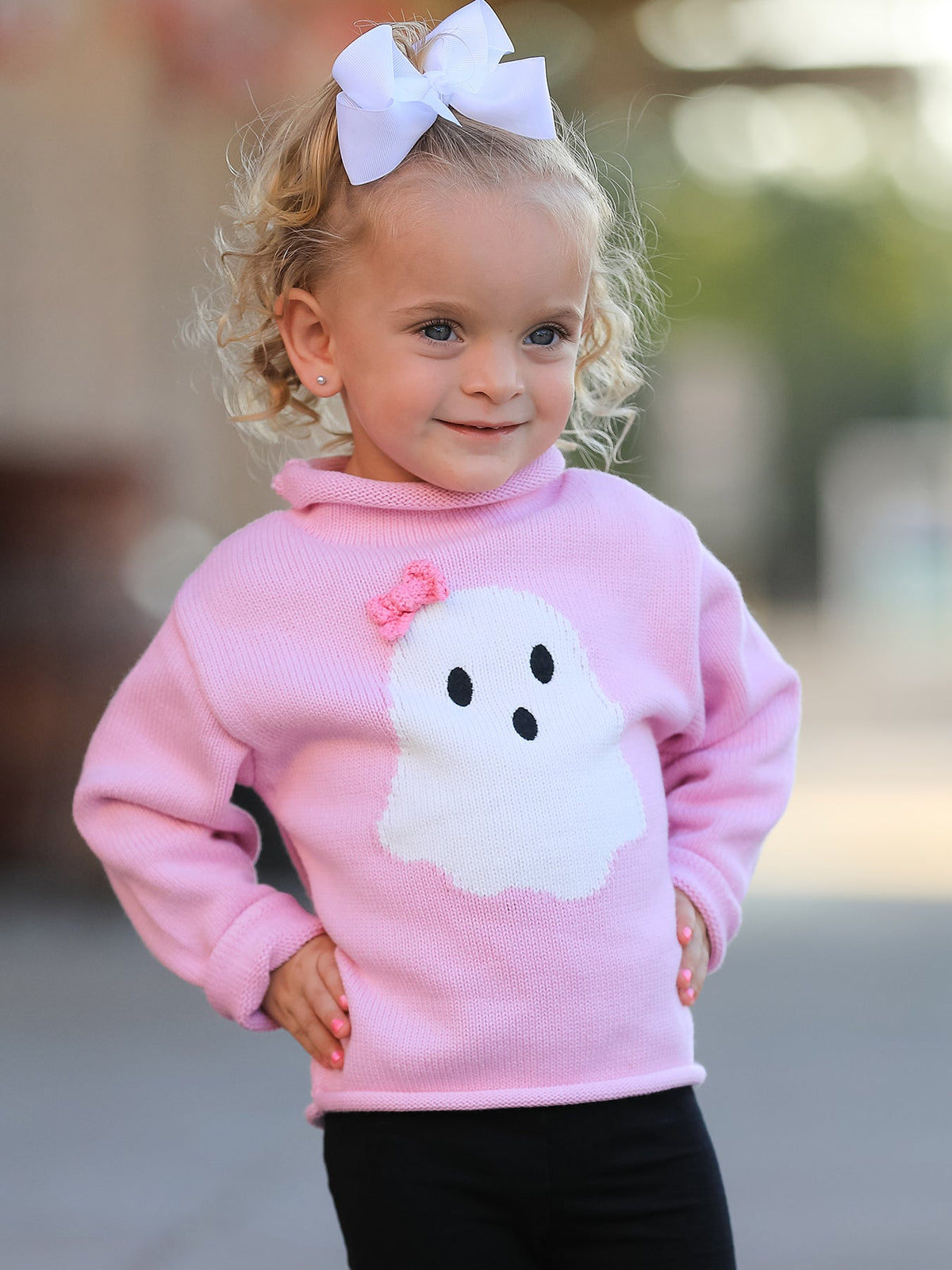 Girls Ghost Bow Knit Sweater Halloween Cute Embroidered Pullover by Rylee Faith Designs
