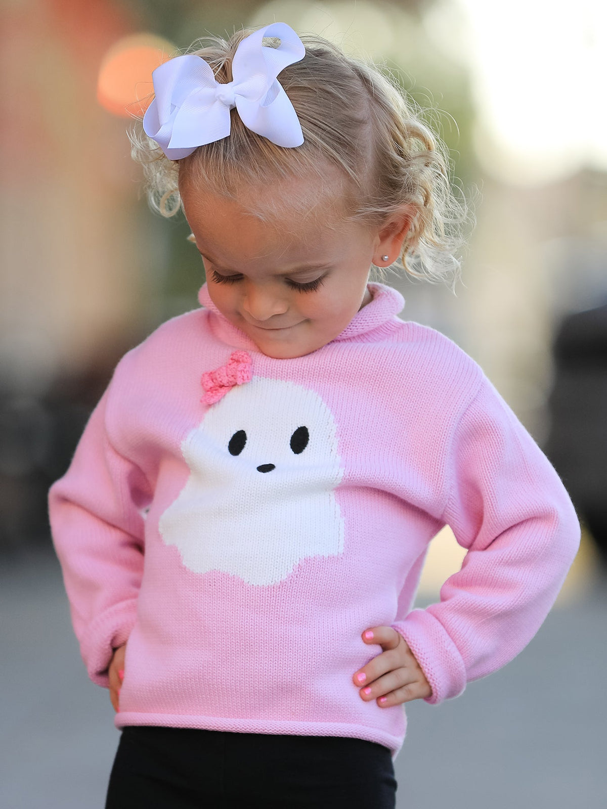 Girls Ghost Bow Knit Sweater Halloween Cute Embroidered Pullover by Rylee Faith Designs