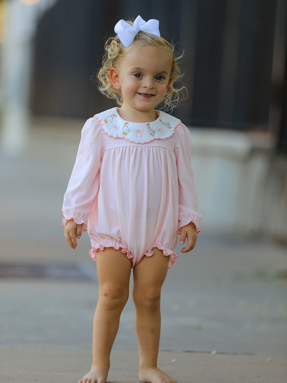 Polyester Spandex Romper, Duck Embroidered Ruffle Collar by Rylee Faith Designs
