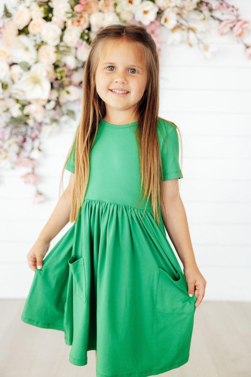 Mila & Rose ® Kelly Green Short Sleeve Pocket Twirl Dress For Girls - Everetts Place Boutique - 