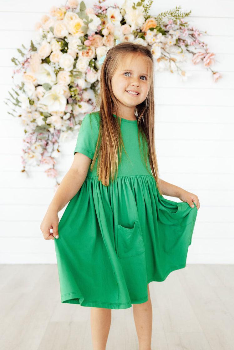 Mila & Rose ® Kelly Green Short Sleeve Pocket Twirl Dress For Girls - Everetts Place Boutique - 