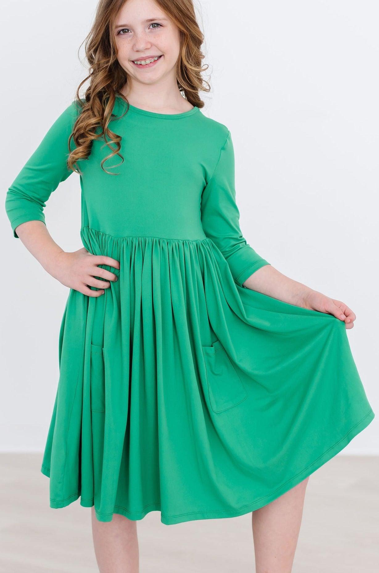 Kelly Green Three Quarter Sleeve Pocket Twirl Dress Toddler Mila & Rose ® Everetts Place: Online Boutique