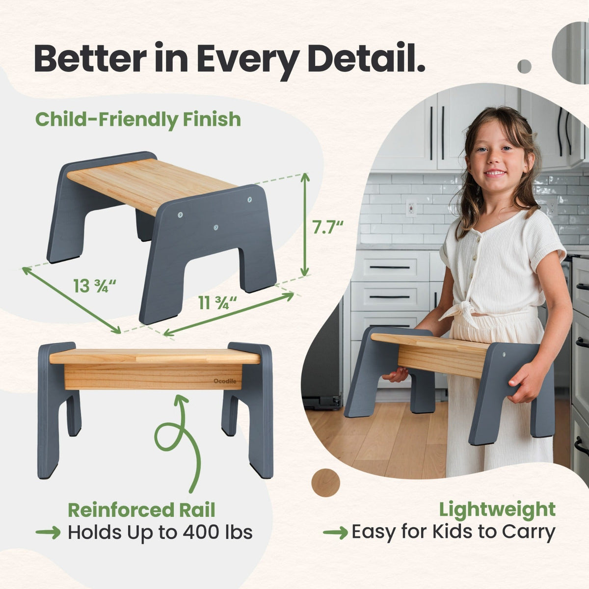 Wooden Kids Step Stool - 1-Step Multi-Purpose by Ocodile.com