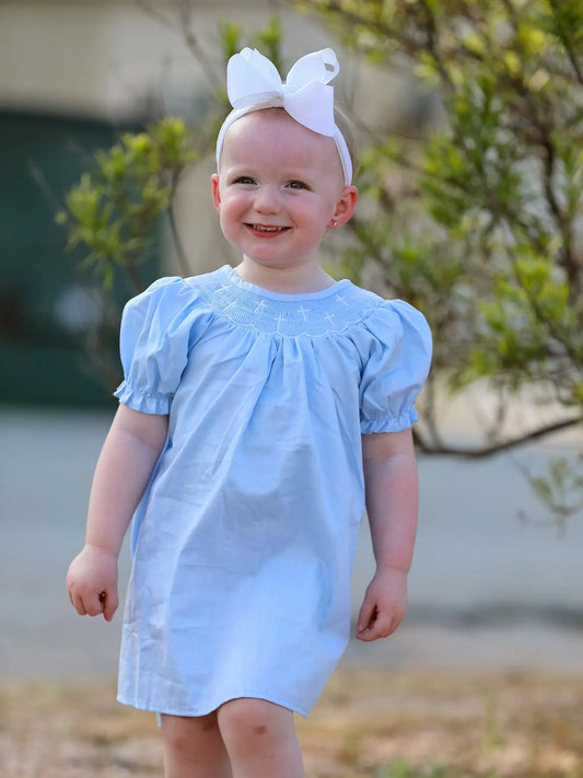Girls Cross Smocking Embroidered Blue Dress Rylee Faith Designs