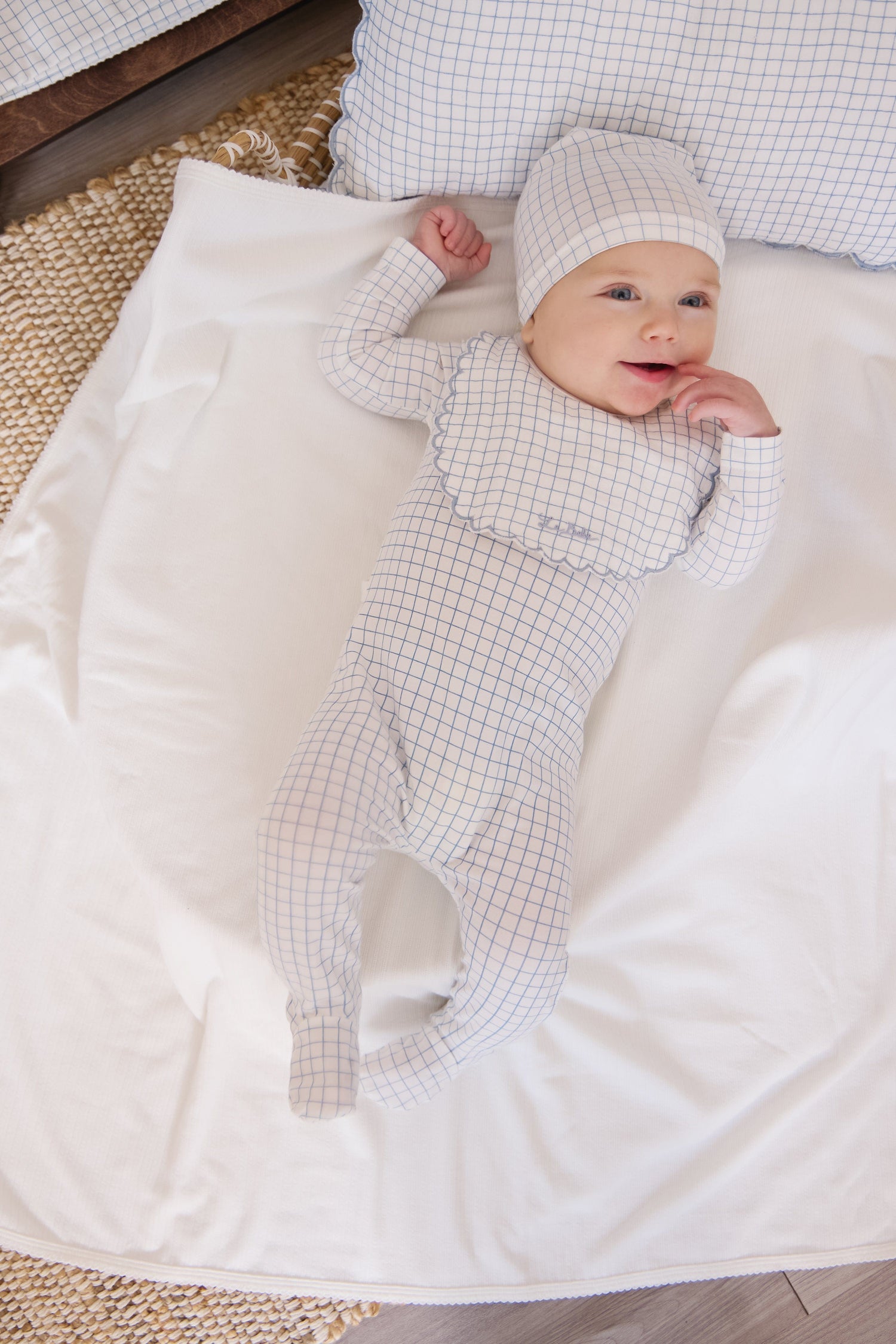 KIPP Collection Footie and Hat Set with Grid Print Embroidered Detail for Baby