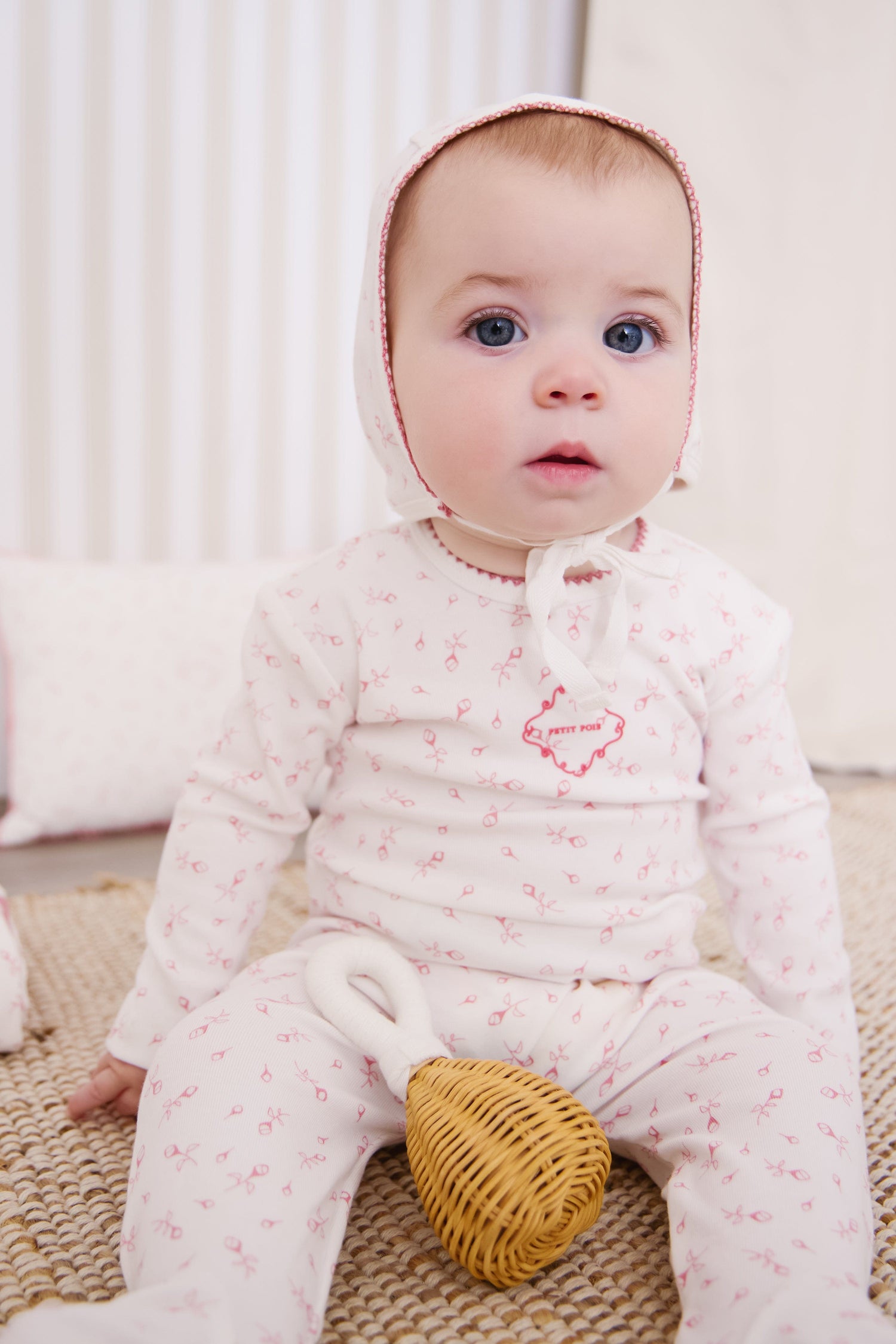 KIPP Collection Footie Set With Floral Print Front Patch And Hat For Baby Girls