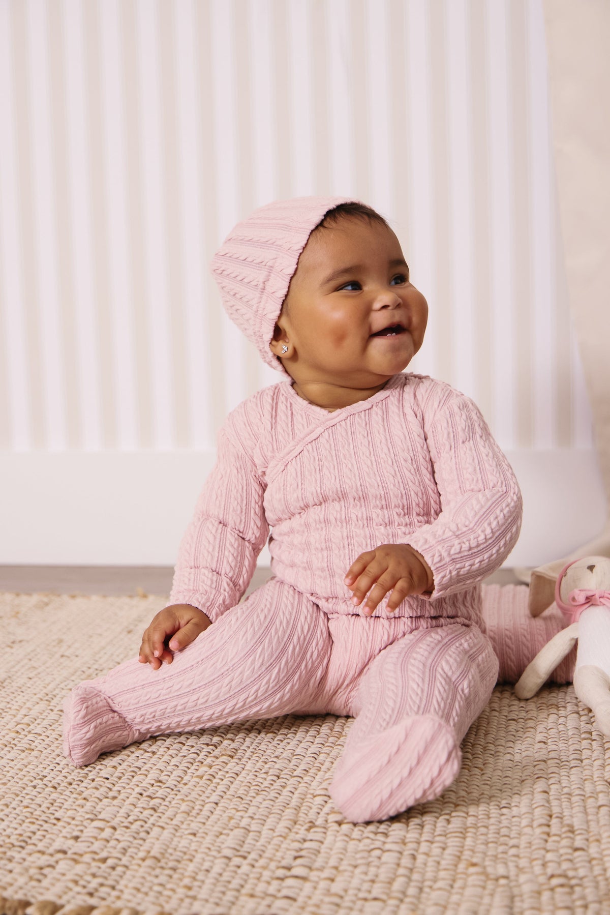 KIPP Collection Cable Knit Baby Footie With Wrap Detail And Hat For Newborns by KIPP™ Collection at Everetts Place