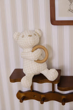 KIPP Collection Plush Toy with Grid Print and Wooden Ring in Stone for Babies by KIPP™ Collection at Everetts Place