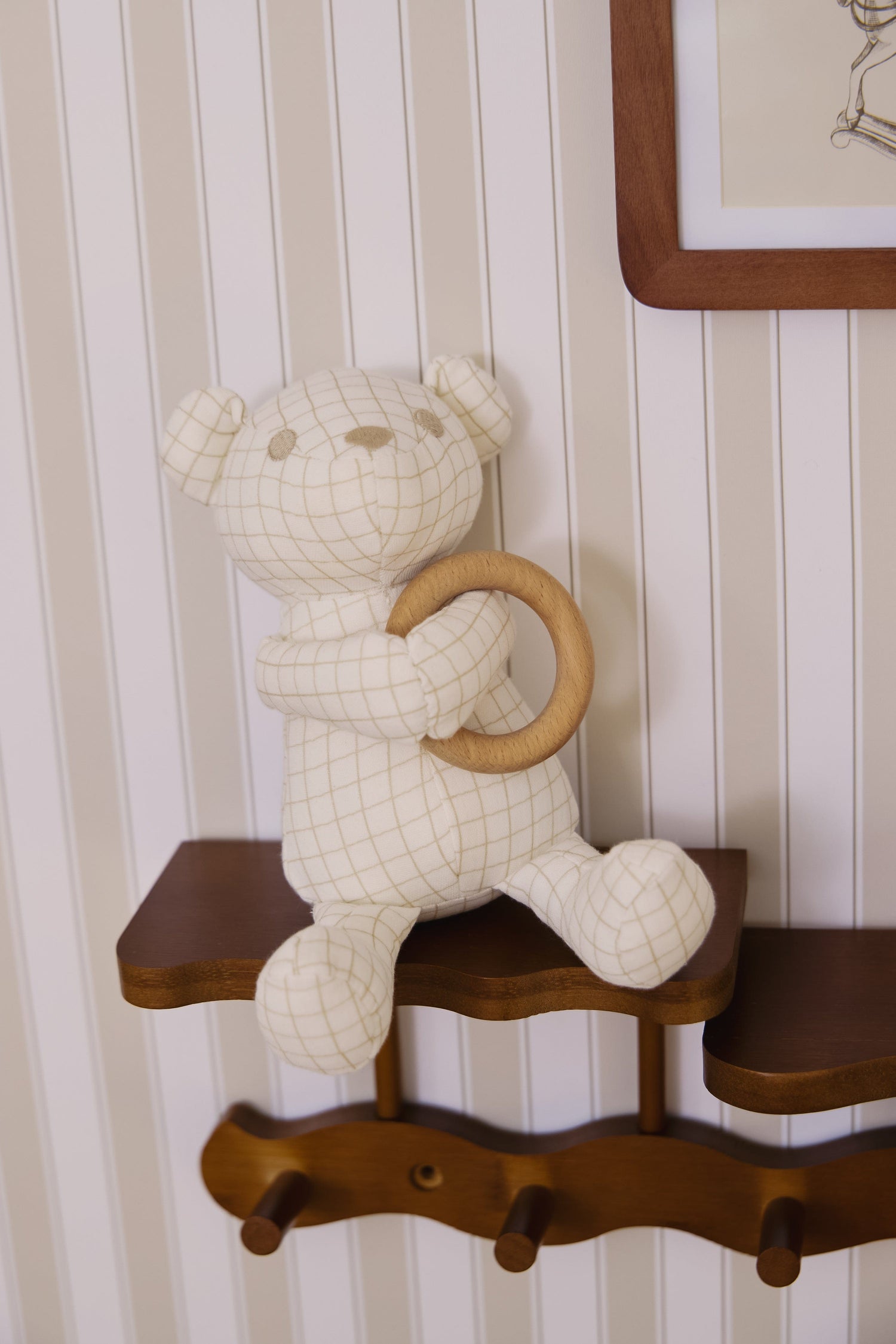 KIPP Collection Plush Toy with Grid Print and Wooden Ring in Stone for Babies by KIPP™ Collection at Everetts Place