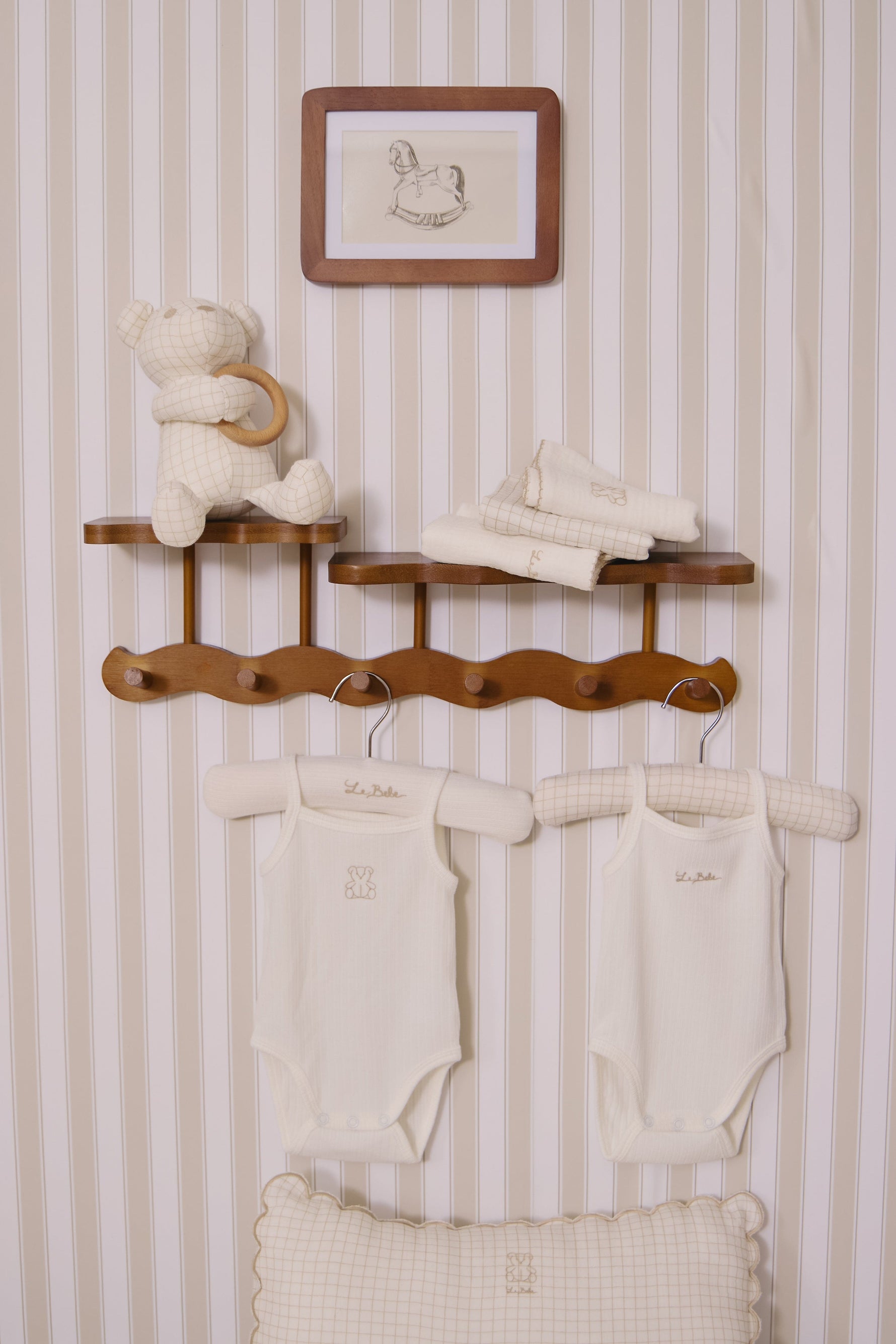 KIPP Collection Plush Toy with Grid Print and Wooden Ring in Stone for Babies by KIPP™ Collection at Everetts Place