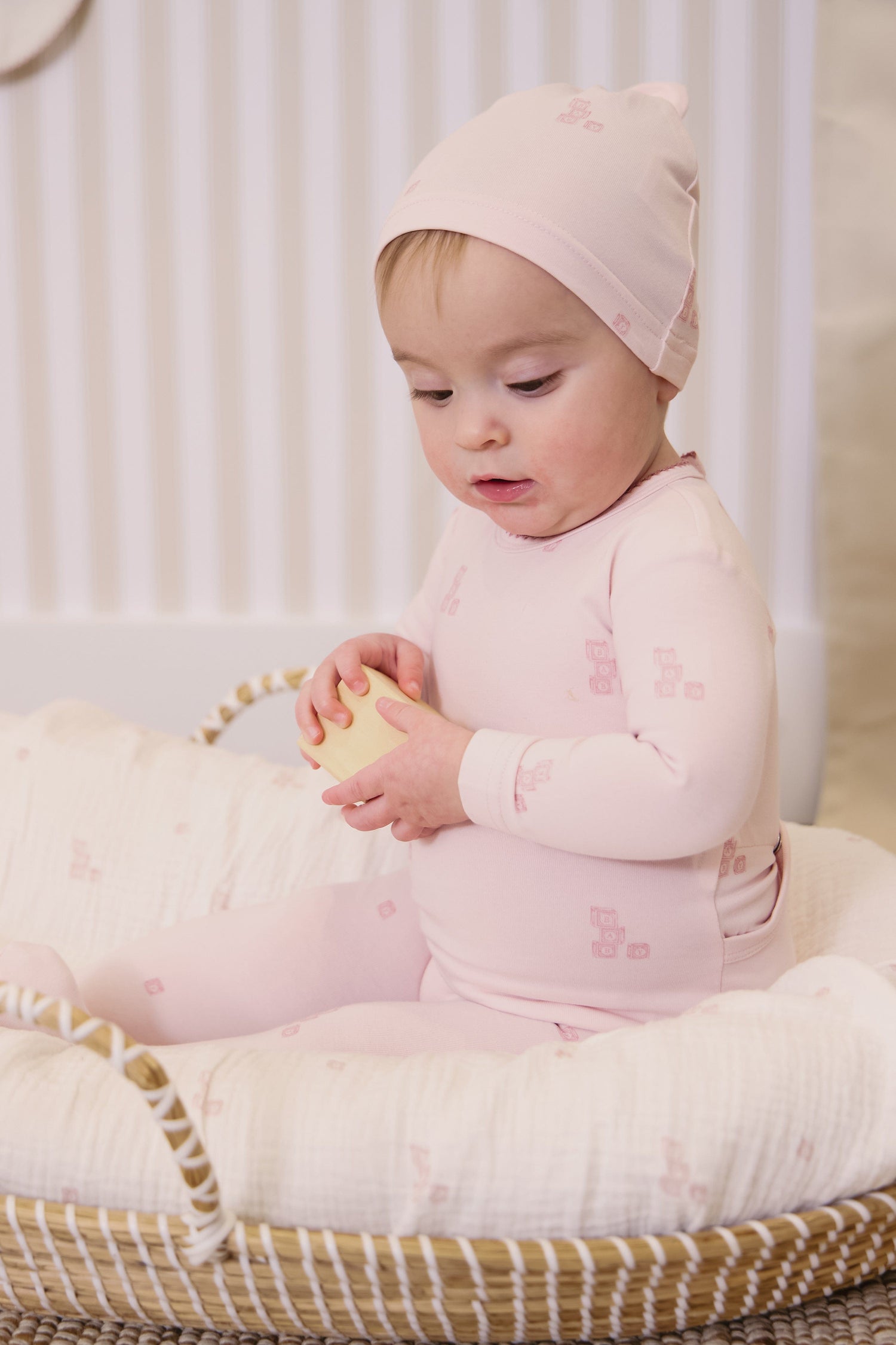 KIPP Collection Baby Footie and Hat Set with Block Print in Pink for Newborns