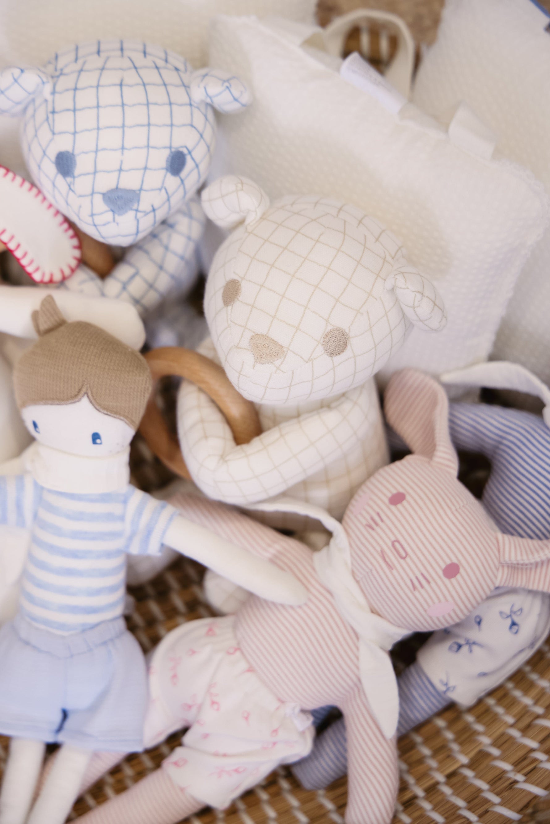 KIPP Collection Plush Bear Toy with Grid Print and Wooden Ring for Babies by KIPP™ Collection at Everetts Place
