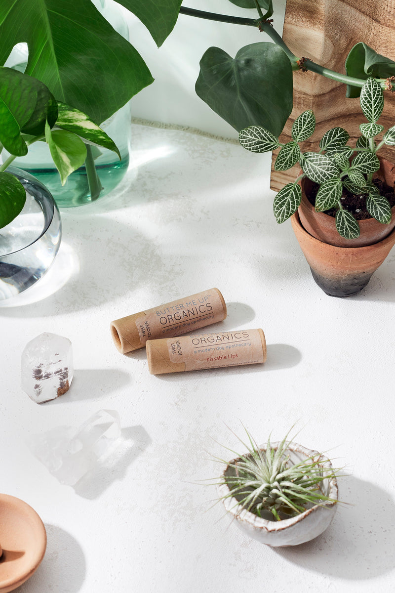 Kissable Lips chapstick lip balm in eco-friendly paperboard tube on white surface with plants.
