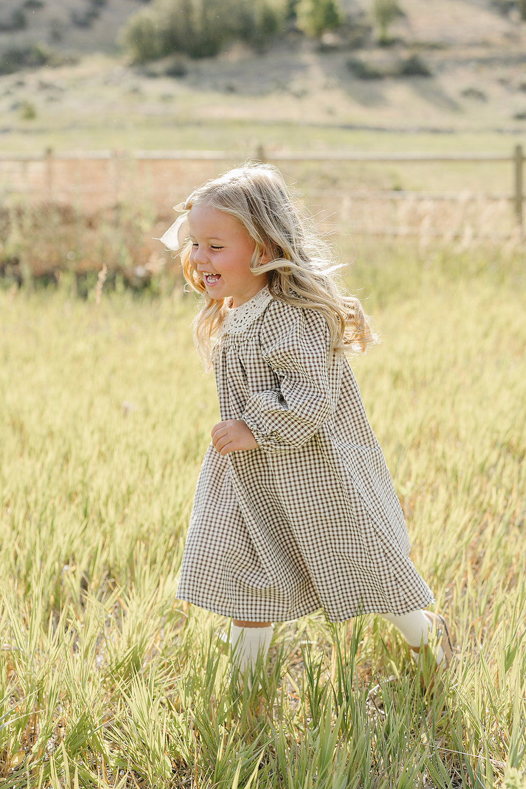 Long-Sleeve Cotton Gingham Dress - Lace Collar