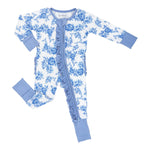 LollyBanks baby one-piece pajama with pink peony floral print and ruffles, front zipper closure.