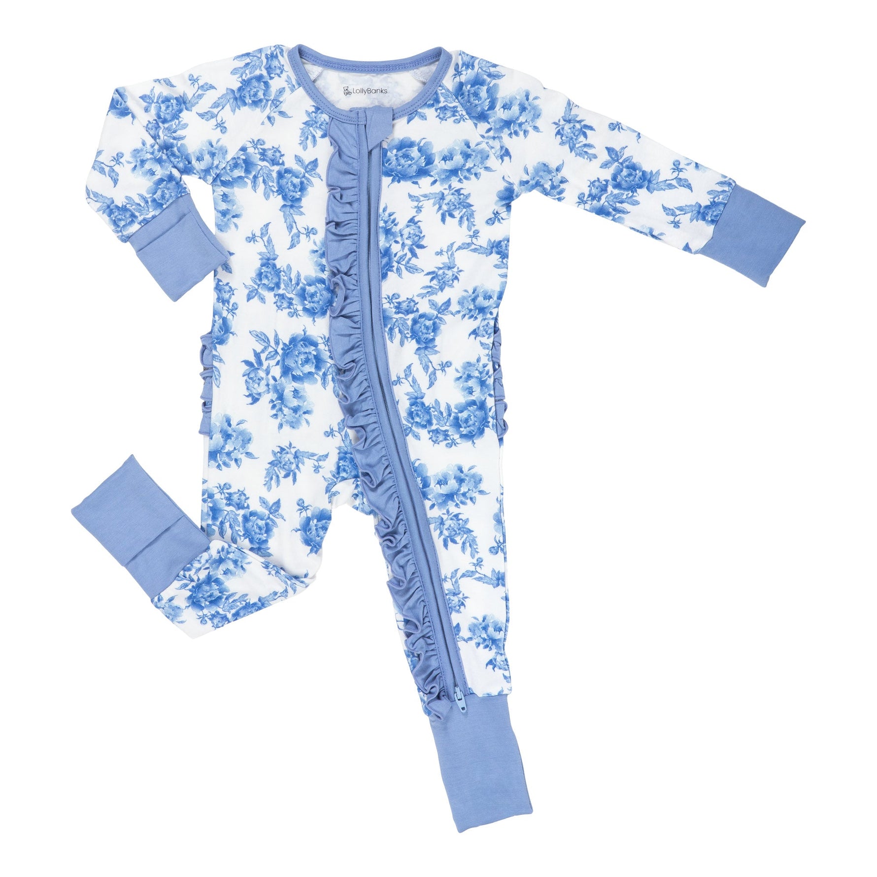 LollyBanks baby one-piece pajama with pink peony floral print and ruffles, front zipper closure.