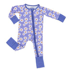 LollyBanks Lazy Daisy organic baby zipper sleeper with white background, featuring floral print