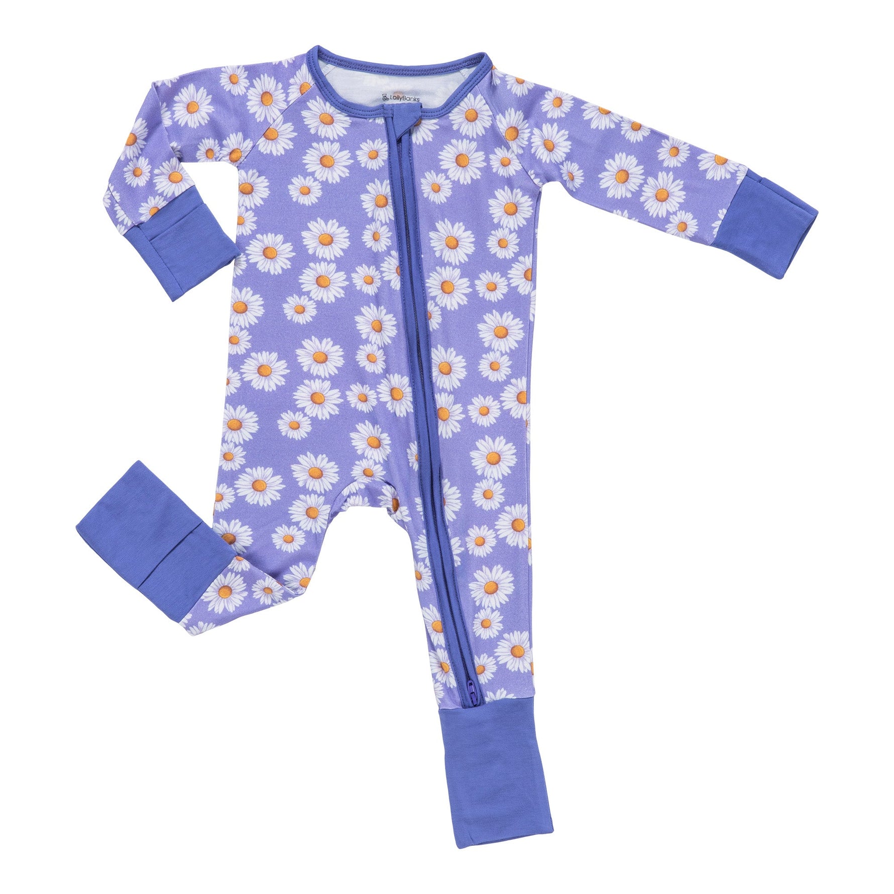 LollyBanks Lazy Daisy organic baby zipper sleeper with white background, featuring floral print
