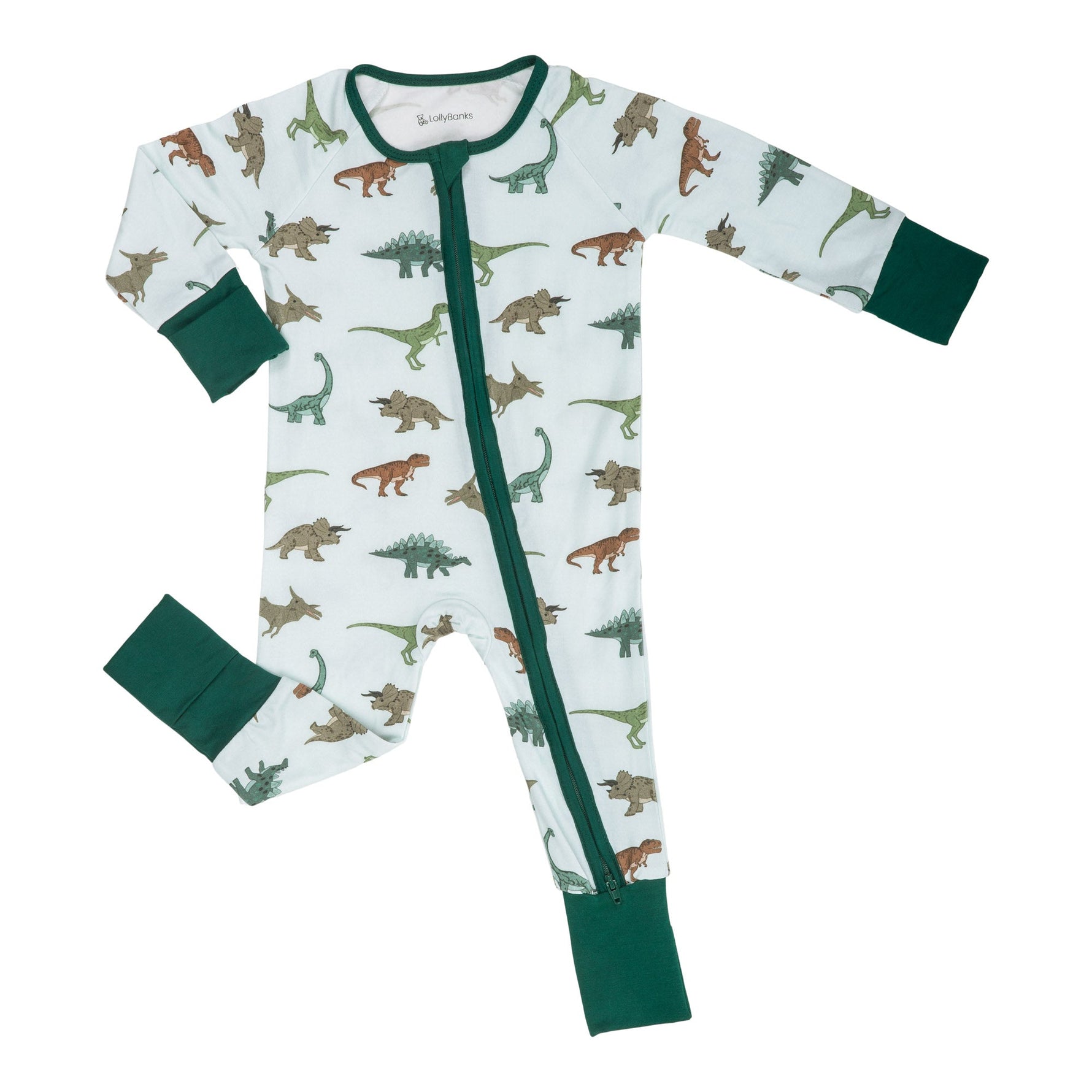 Baby wearing a green organic T-Rexcellent Day zipper one-piece pajama with dinosaur print
