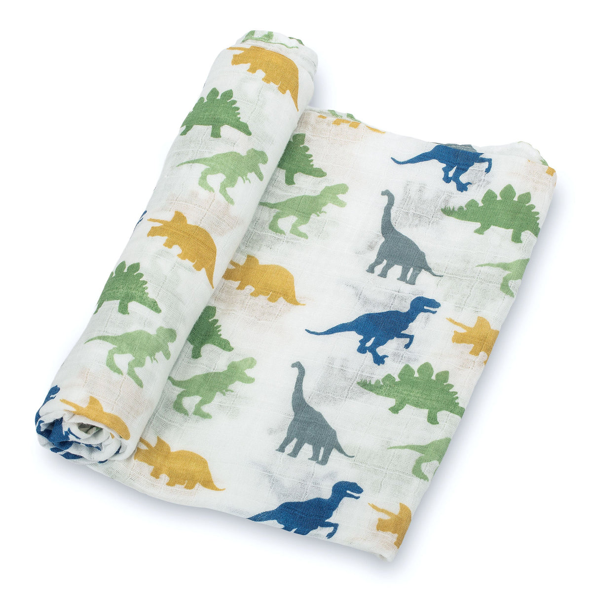 Organic cotton muslin swaddle blanket printed with dinosaurs including T-rex, triceratops, stegosaurus and sauropods
