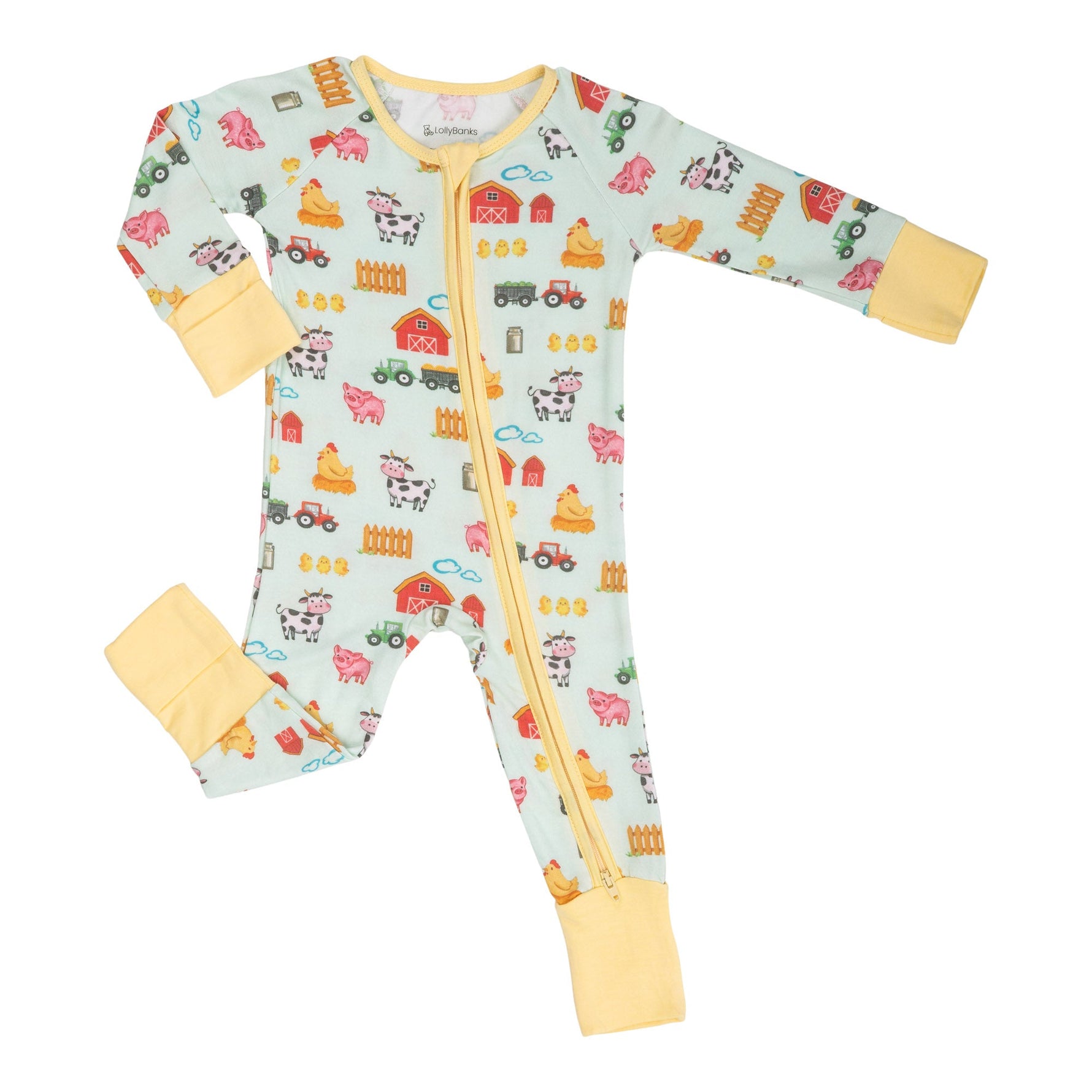LollyBanks Little Barnyard organic baby zipper pajama with farm animal print on a white background
