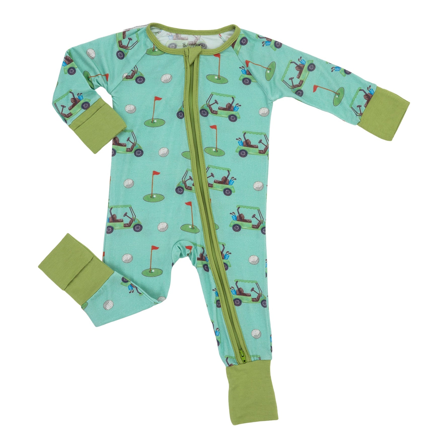 LollyBanks baby one-piece pajama with golf print, full zipper, organic cotton, on a white background.