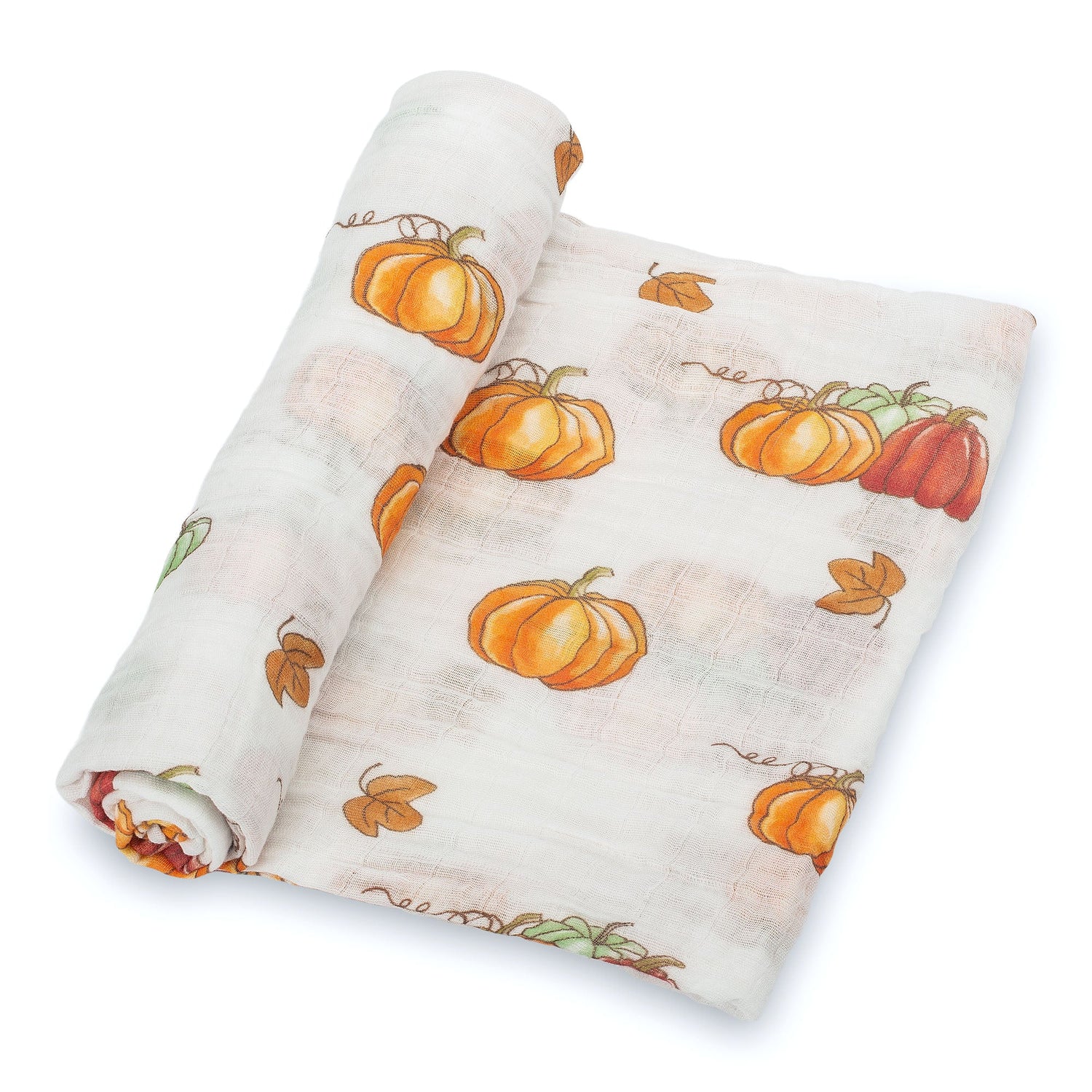Muslin swaddle blanket with an all-over pumpkin patch print in fall harvest colors.