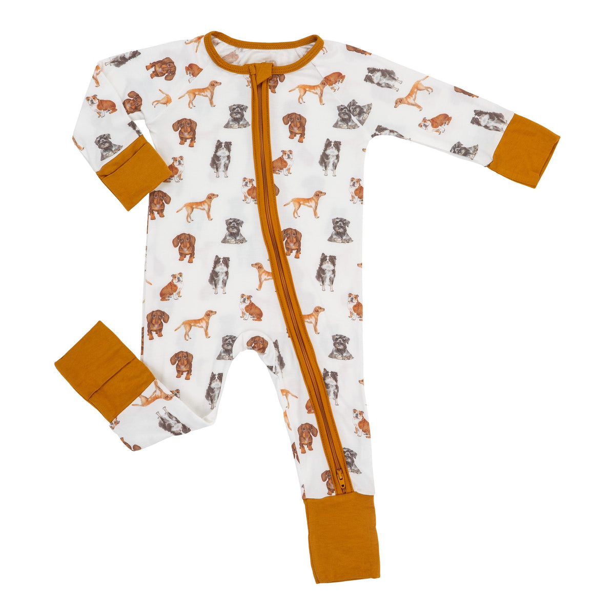LollyBanks Doggone Cute organic baby zipper one piece pajama with dog print.