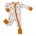 LollyBanks Doggone Cute organic baby zipper one piece pajama with dog print.