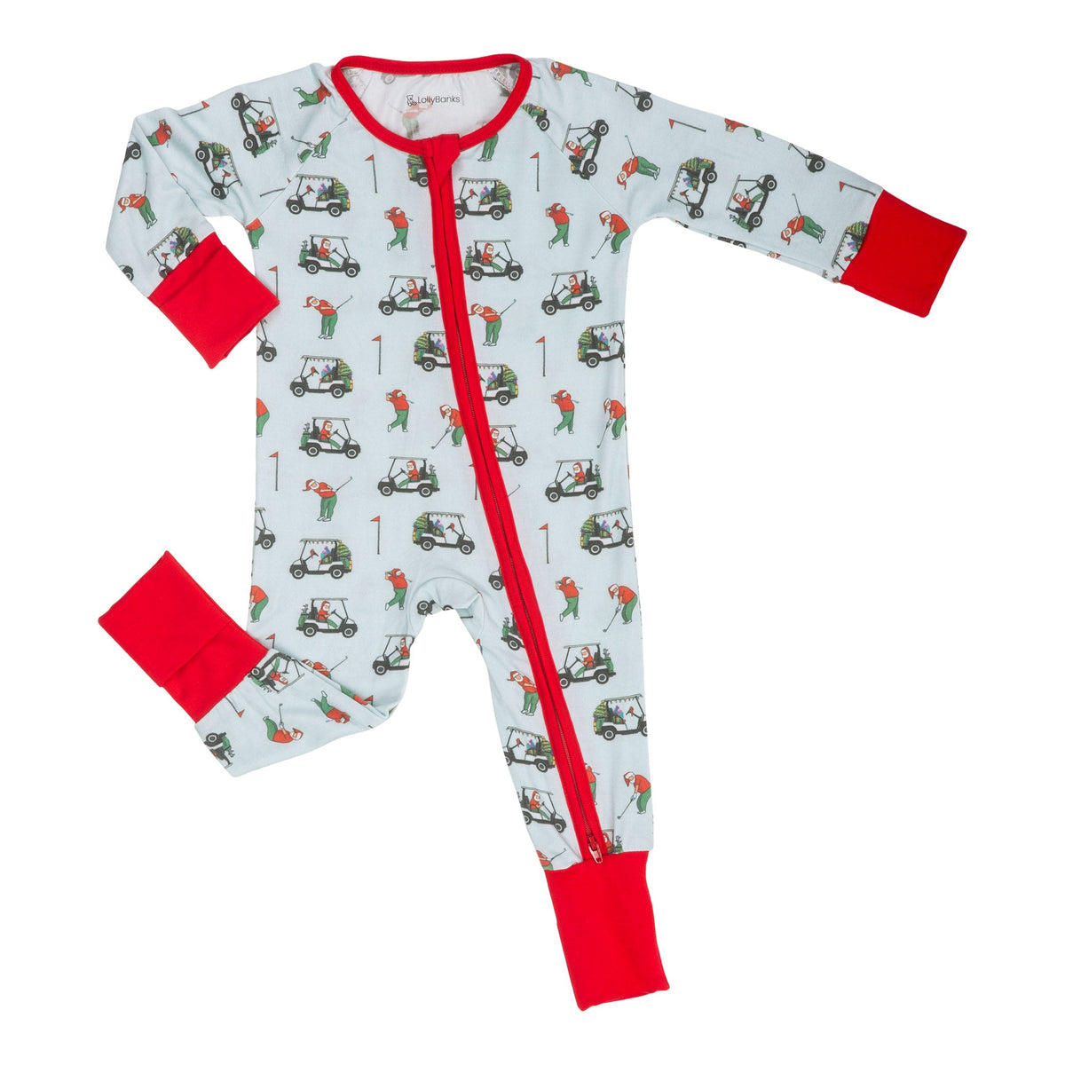 LollyBanks baby wearing Ho Ho Hole In One Christmas golf print organic zipper one-piece pajama