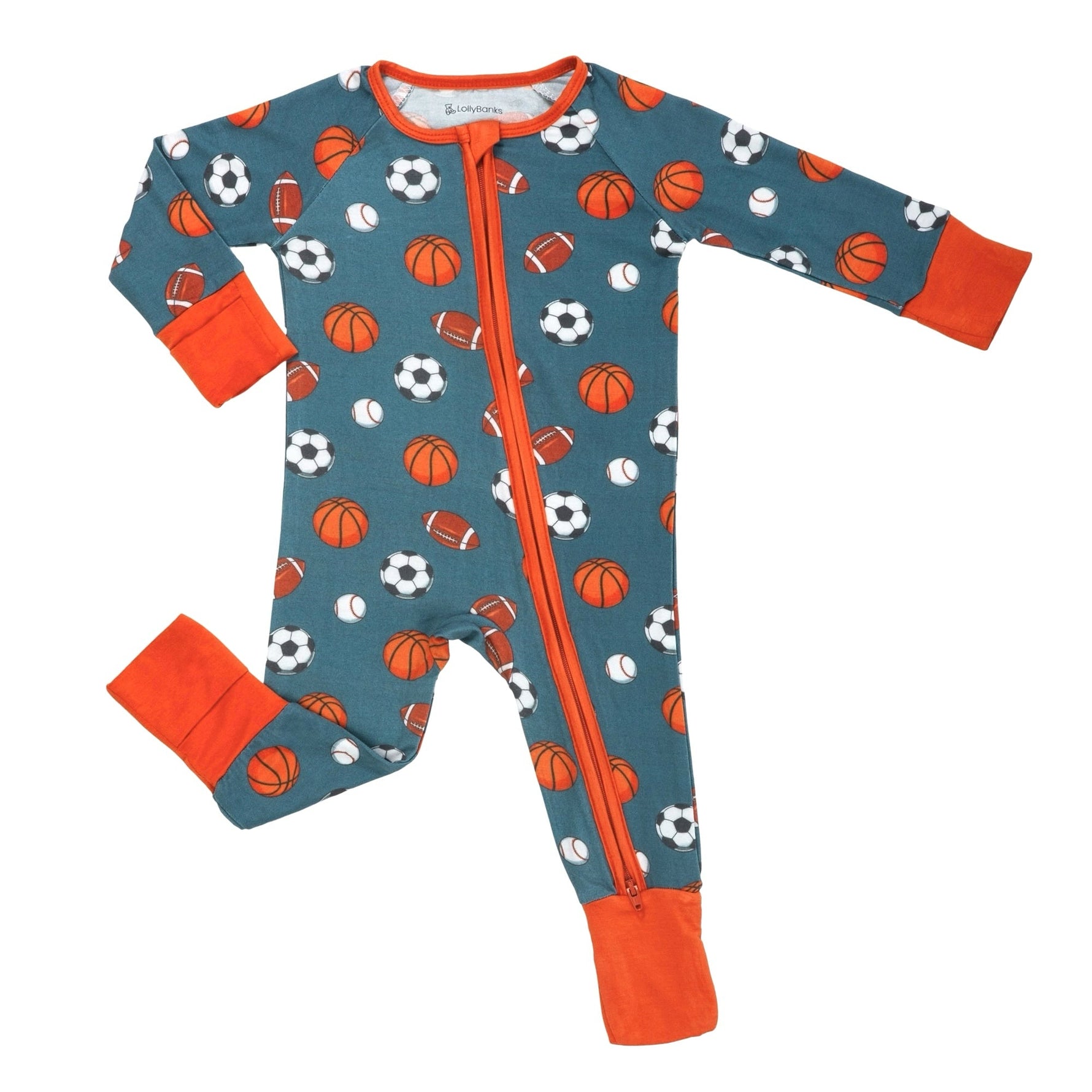 Baby wearing a 'Get Up, It's Gameday' themed organic cotton zipper one-piece pajama by LollyBanks.