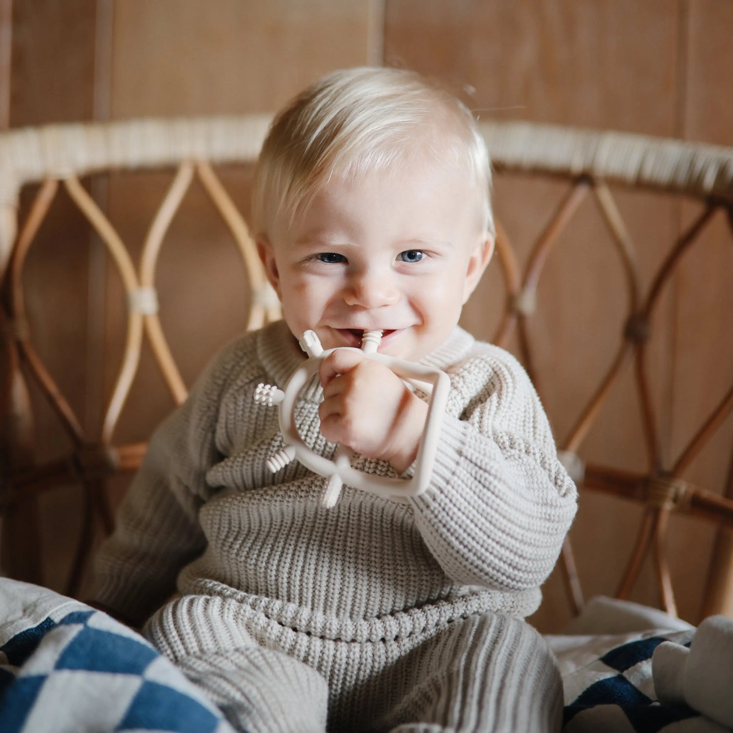 No Drop Sensory Teether for Babies Safe Non Toxic Food Grade Silicone with Easy Grip Handle Mushie
