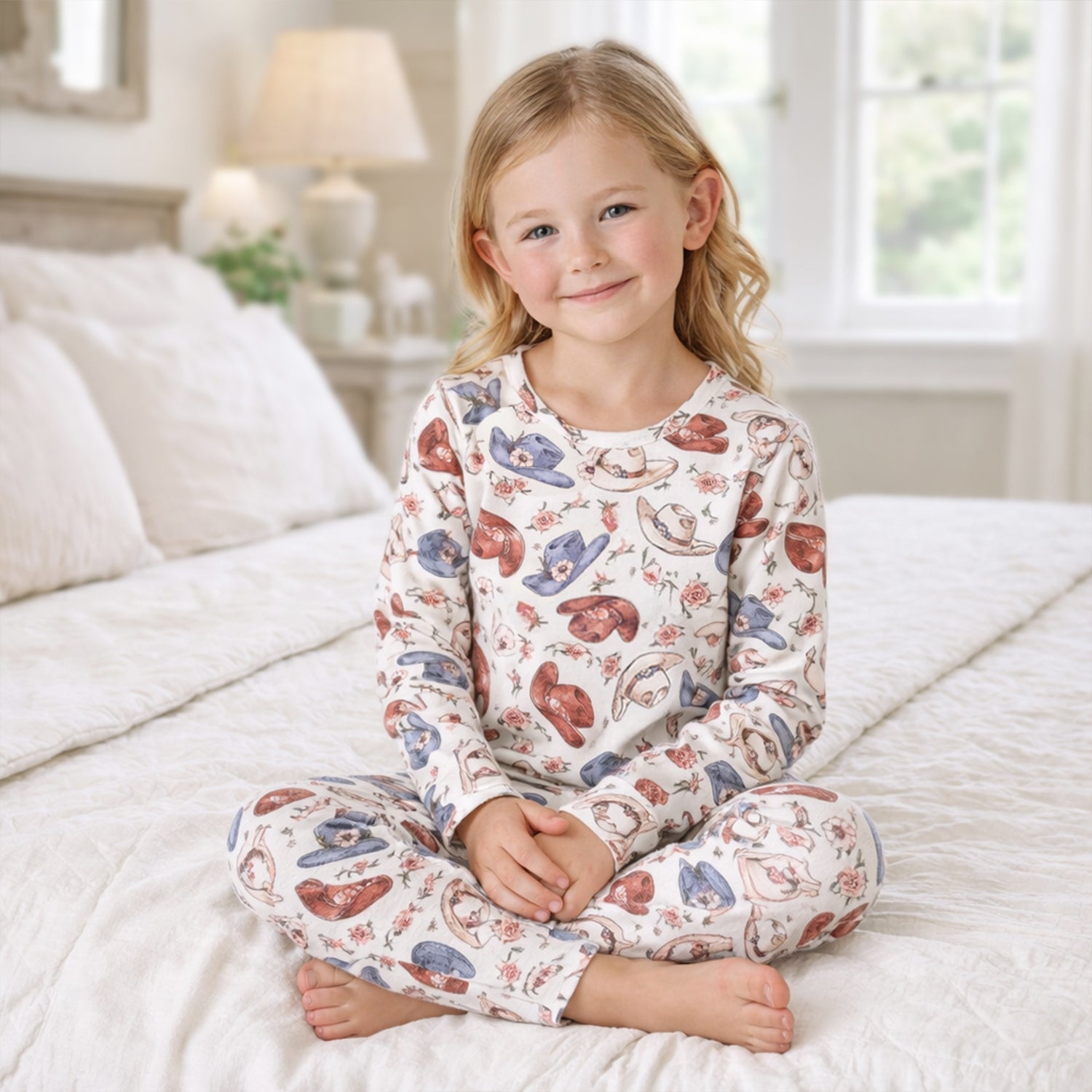 Kids pajama set with round-neck top and elastic-waist bottoms in a wildflower and cowgirl rodeo print.