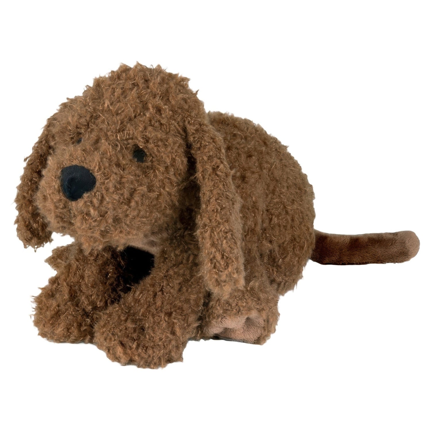 Plush Labradoodle dog toy with dark brown curly fur and a black nose
