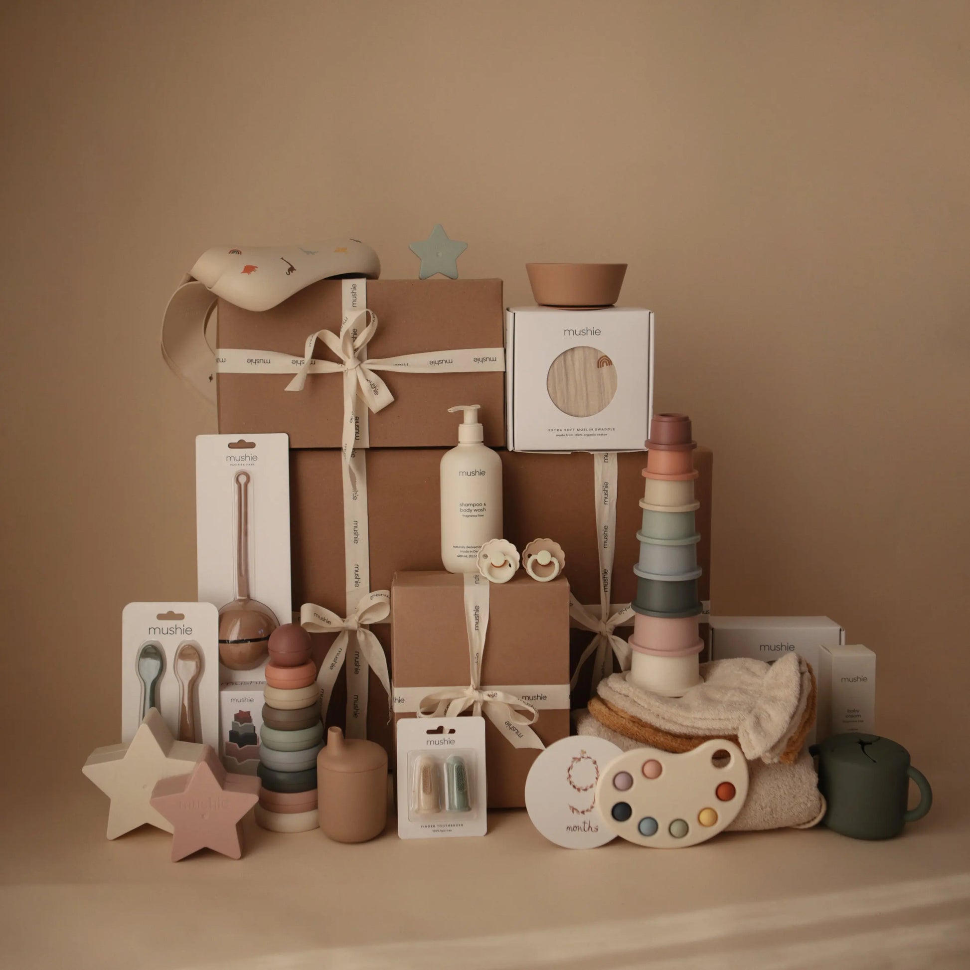 Newborn Jumbo Gift Set Seven Essential Items Thoughtful Baby Shower Gift $111 Value Mushie