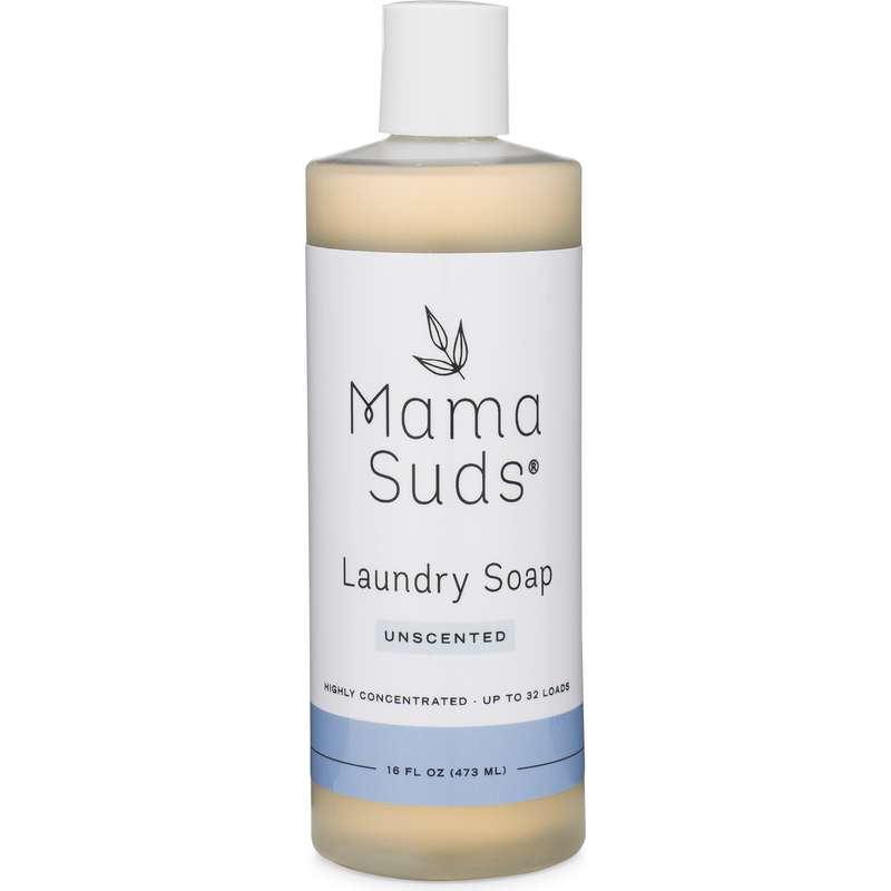 MamaSuds Laundry Detergent Soap bottle, unscented, 16 fl oz, concentrated and eco-friendly.