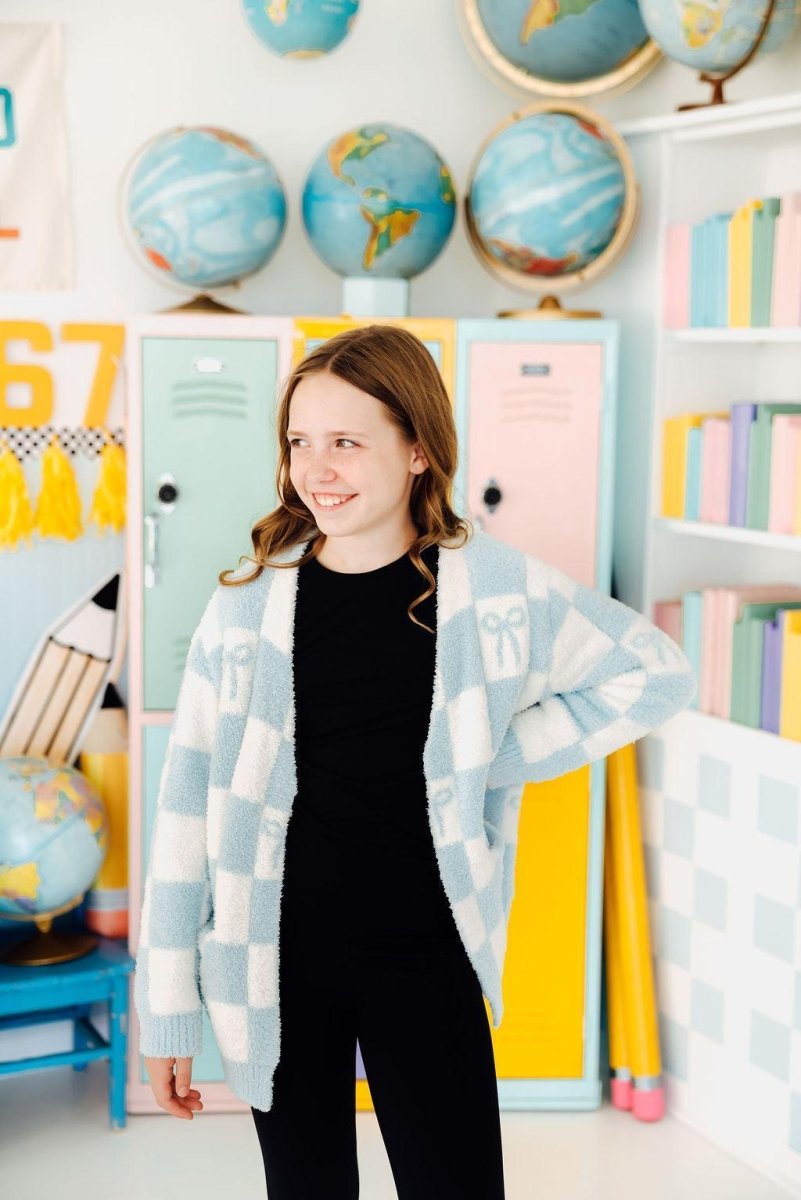 Mila & Rose ® Light Blue Checkered Bow Cozy Cardigan Oversized Fit - Everetts Place Boutique - 