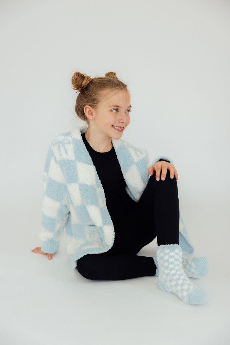 Mila & Rose ® Light Blue Checkered Bow Cozy Cardigan Oversized Fit - Everetts Place Boutique - 