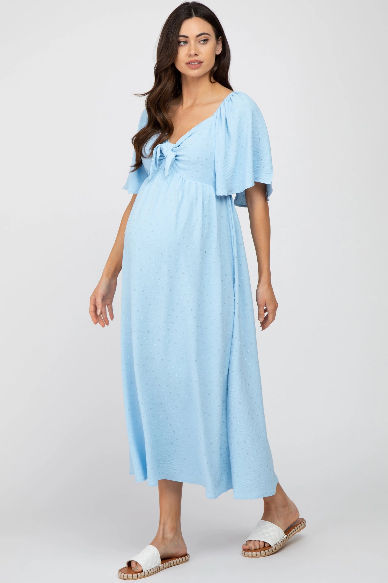 Light Blue Textured Dot Front Tie Ruffle Sleeve Maternity Midi Dress PinkBlush 
