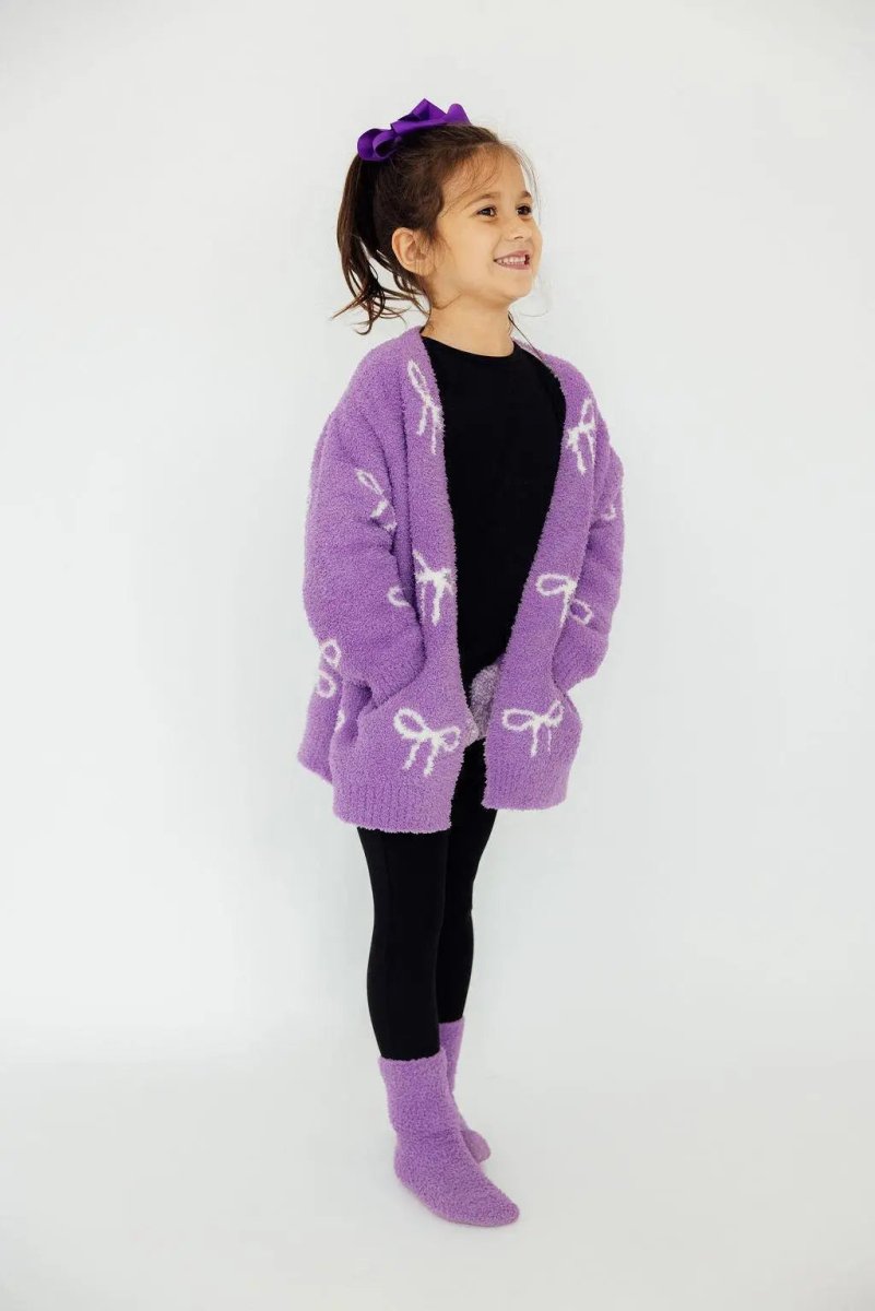Mila & Rose ® Lilac Coconut Bow Cozy Cardigan For Girls Winter Wear - Everetts Place Boutique - 