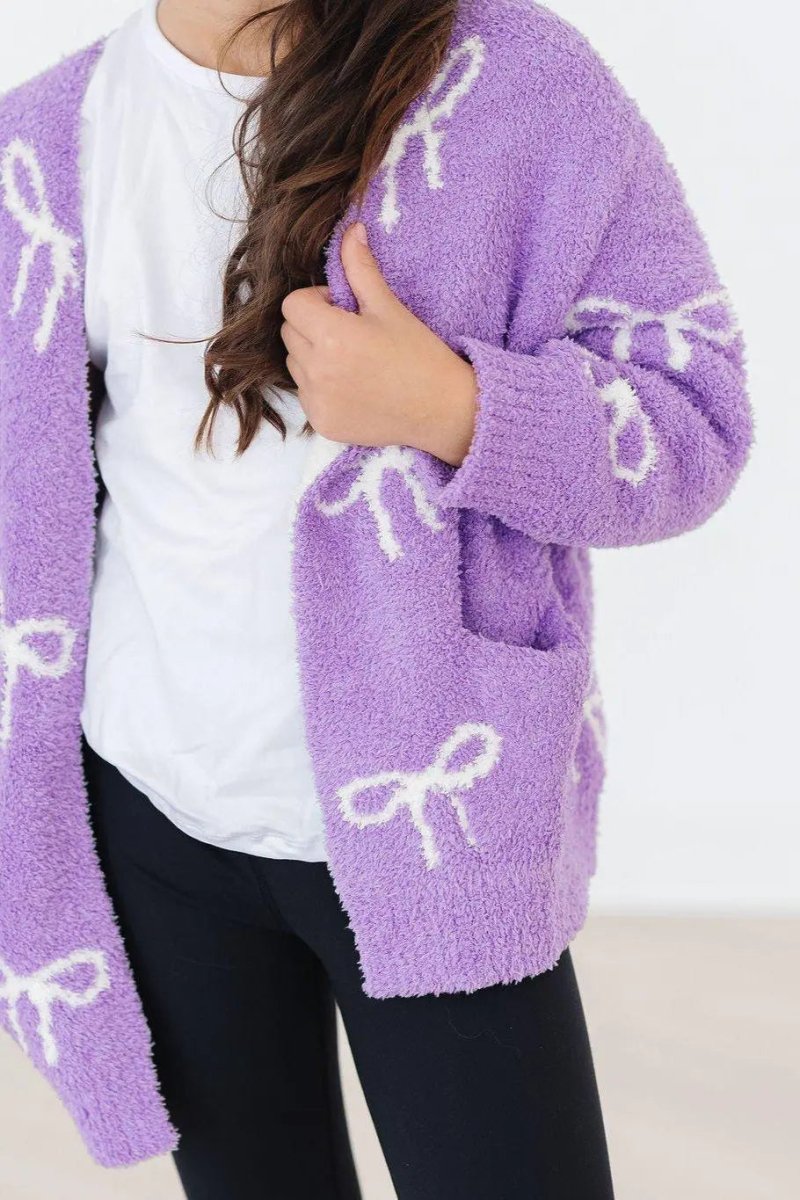 Mila & Rose ® Lilac Coconut Bow Cozy Cardigan For Girls Winter Wear - Everetts Place Boutique - 