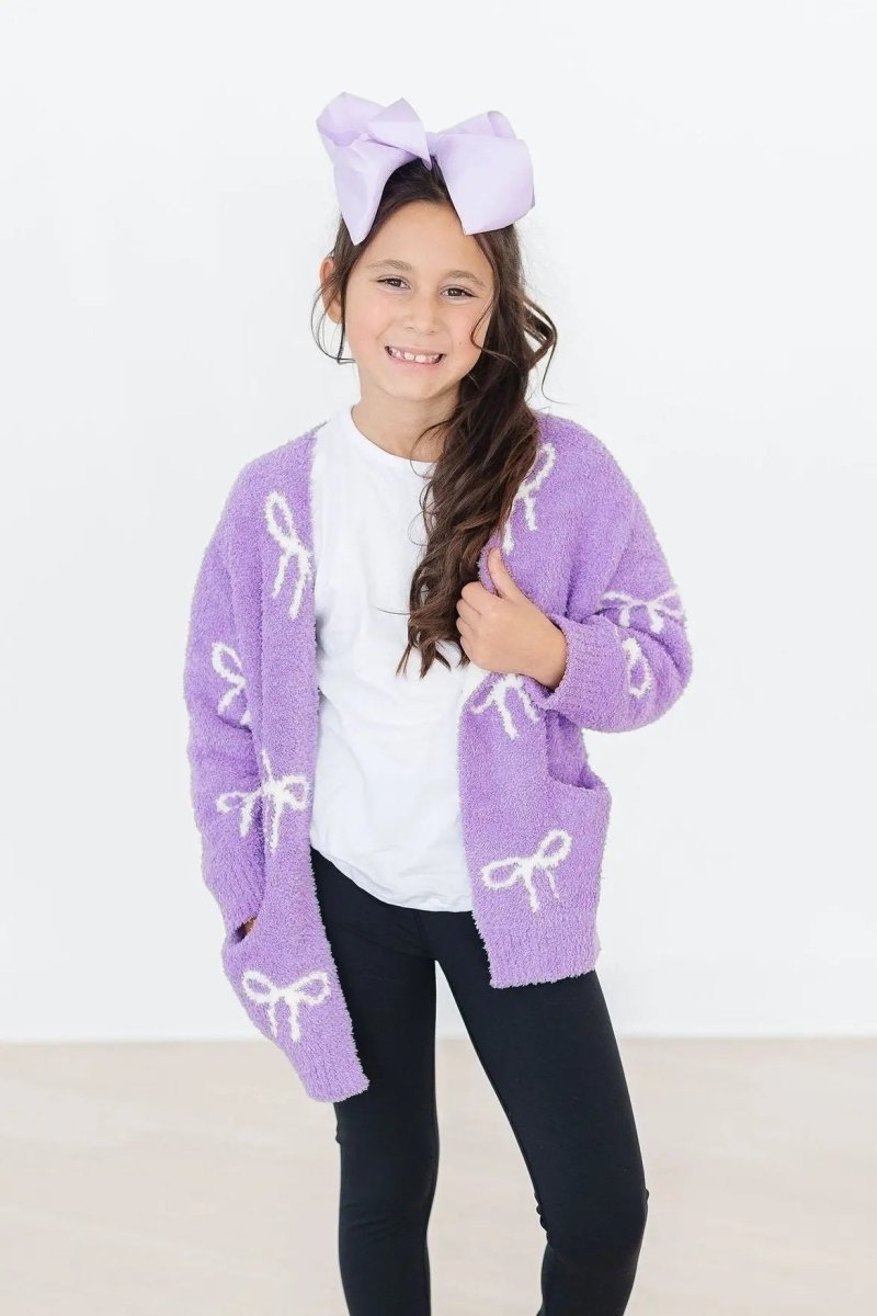 Mila & Rose ® Lilac Coconut Bow Cozy Cardigan For Girls Winter Wear - Everetts Place Boutique - 