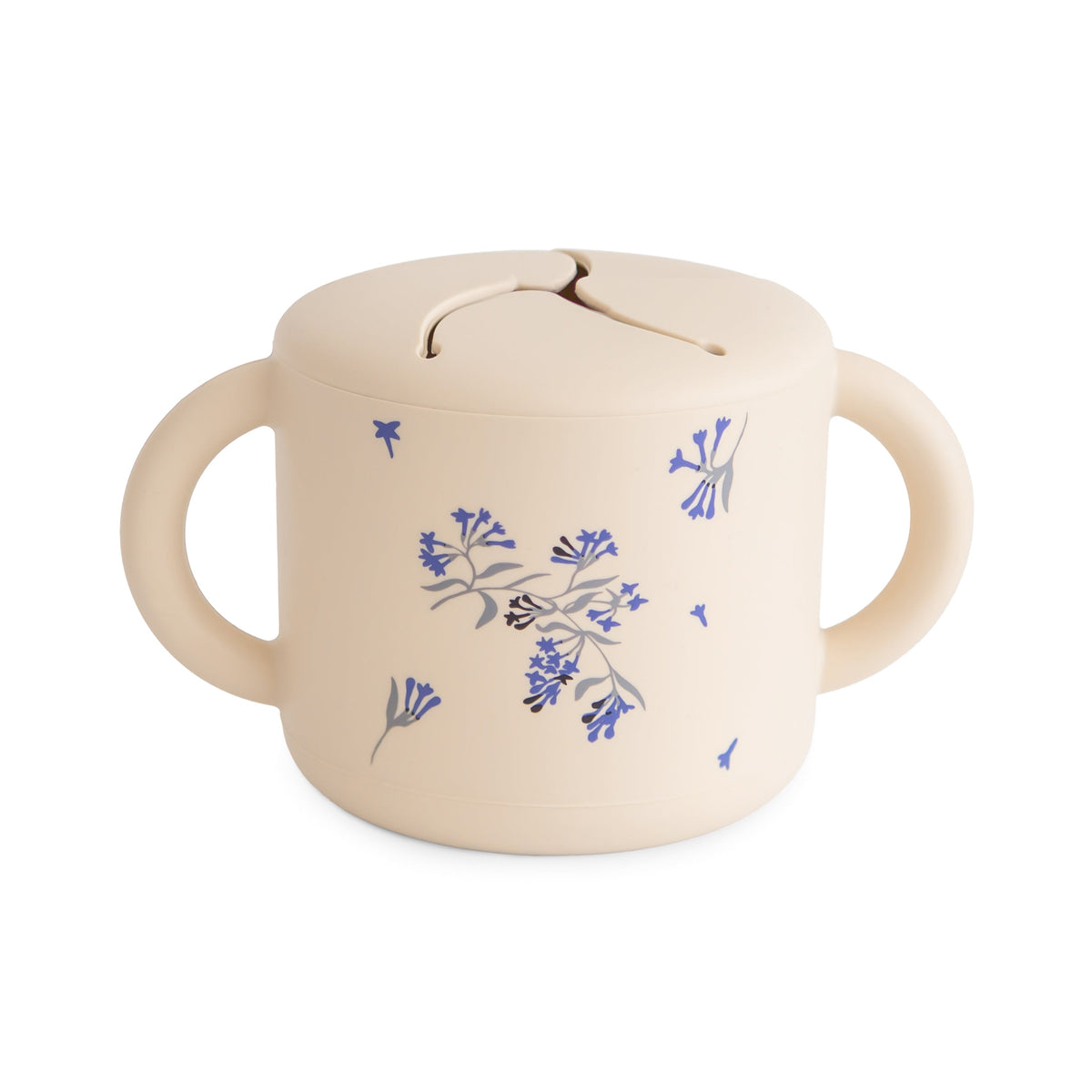 Mushie Silicone Snack Cup with lid, spill-proof design for toddlers and babies, shown in a neutral color.