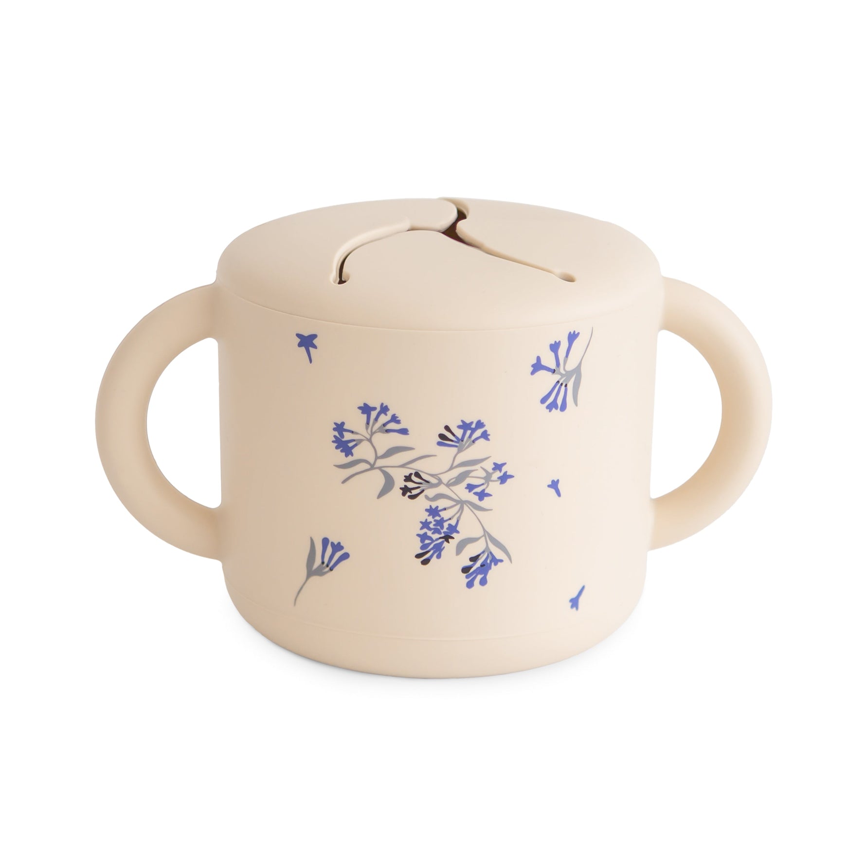 Mushie Silicone Snack Cup with lid, spill-proof design for toddlers and babies, shown in a neutral color.