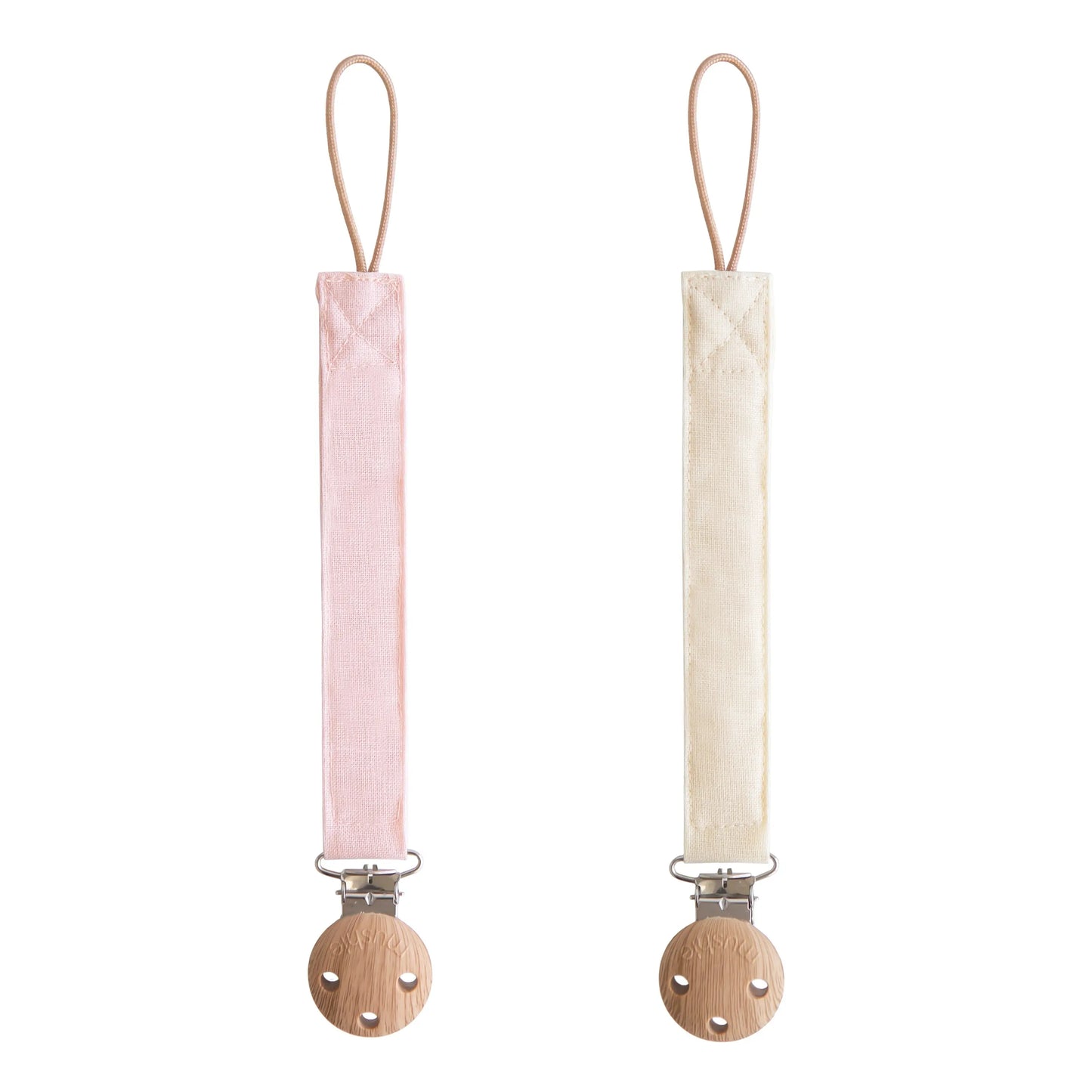 Linen Pacifier Clip Two Pack with Water Resistant Coating and Faux Wood Silicone Clasp Mushie