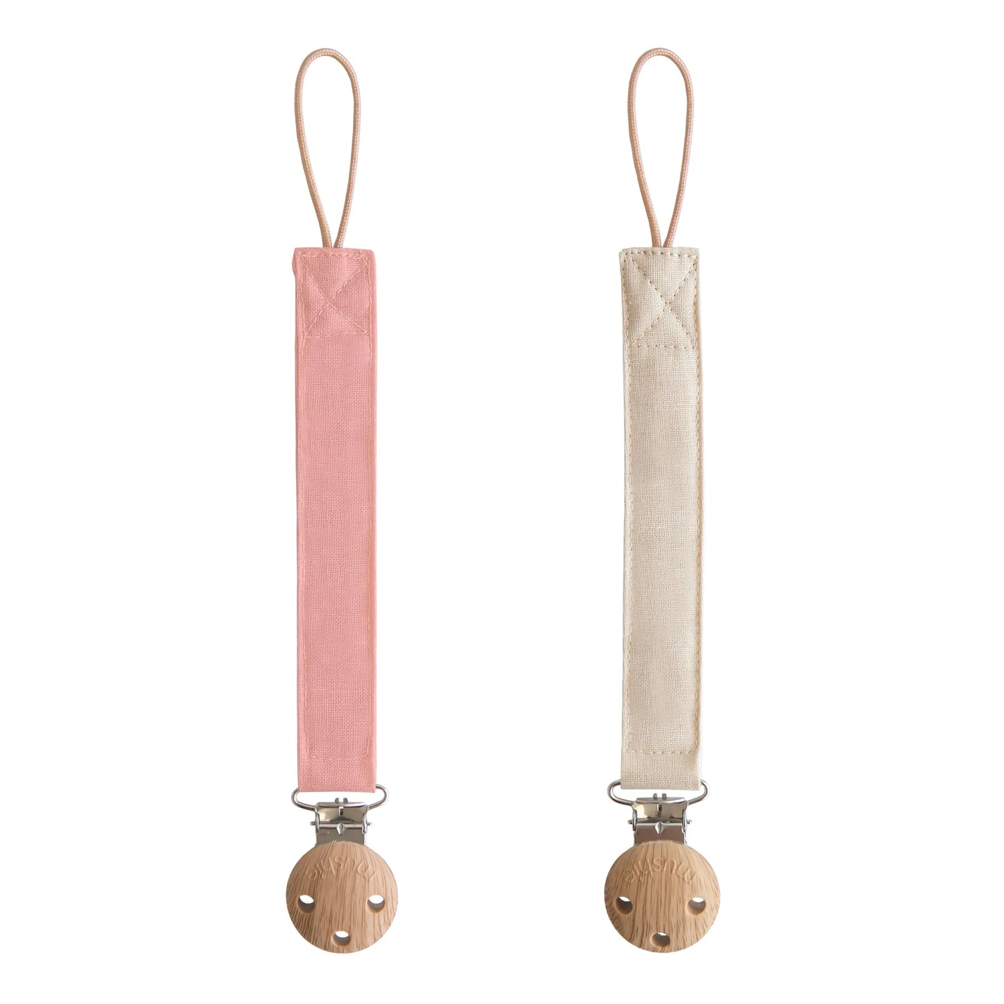 Linen Pacifier Clip Two Pack with Water Resistant Coating and Faux Wood Silicone Clasp Mushie