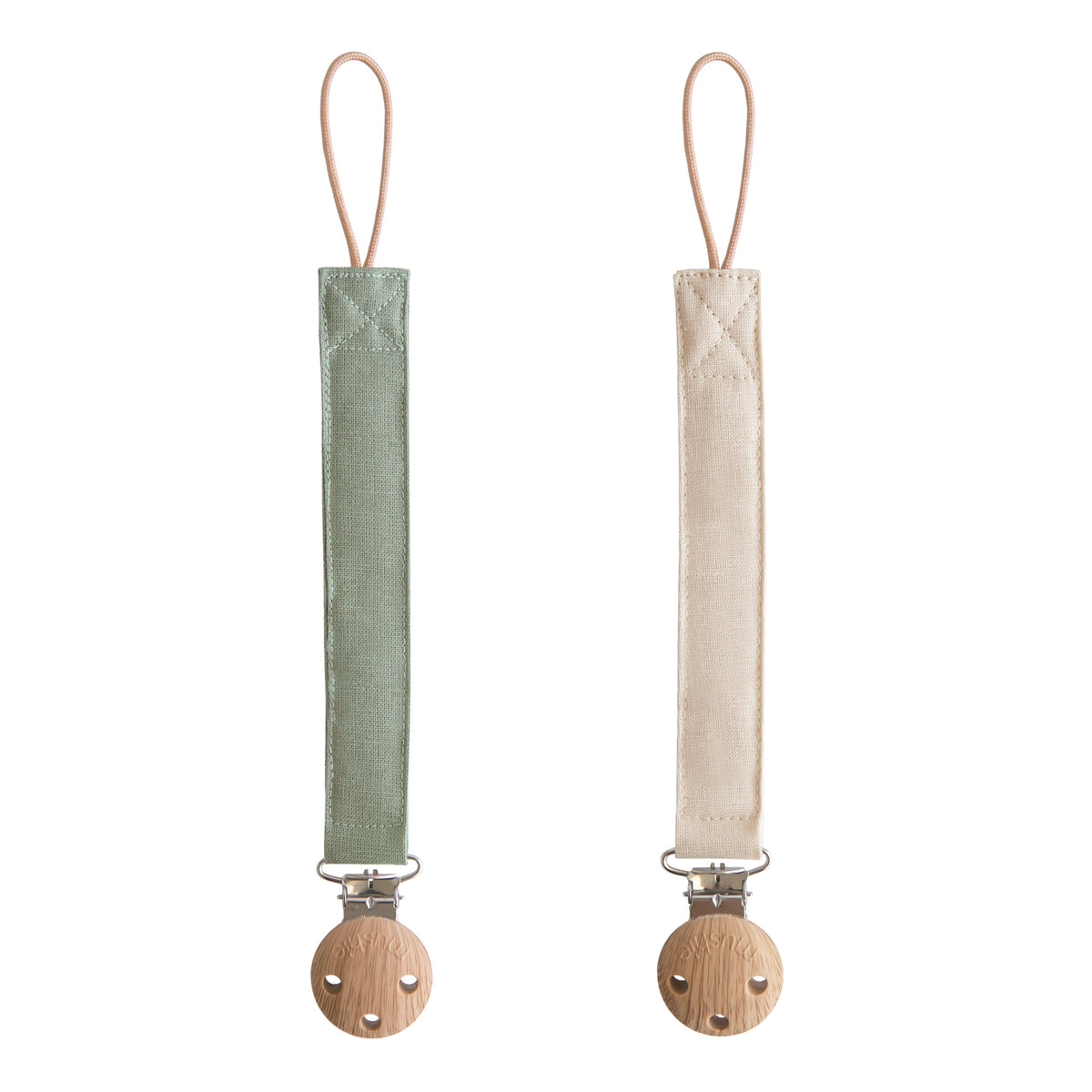 Two linen pacifier clips with faux wood silicone clasps and fabric loops