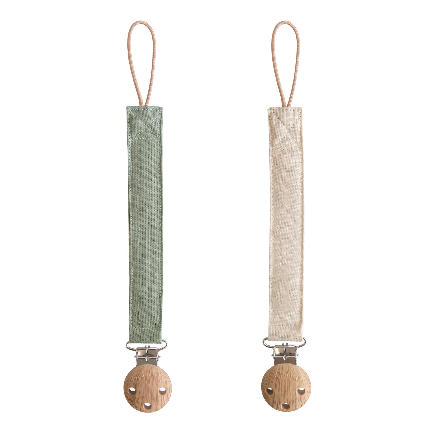 Two linen pacifier clips with faux wood silicone clasps and fabric loops