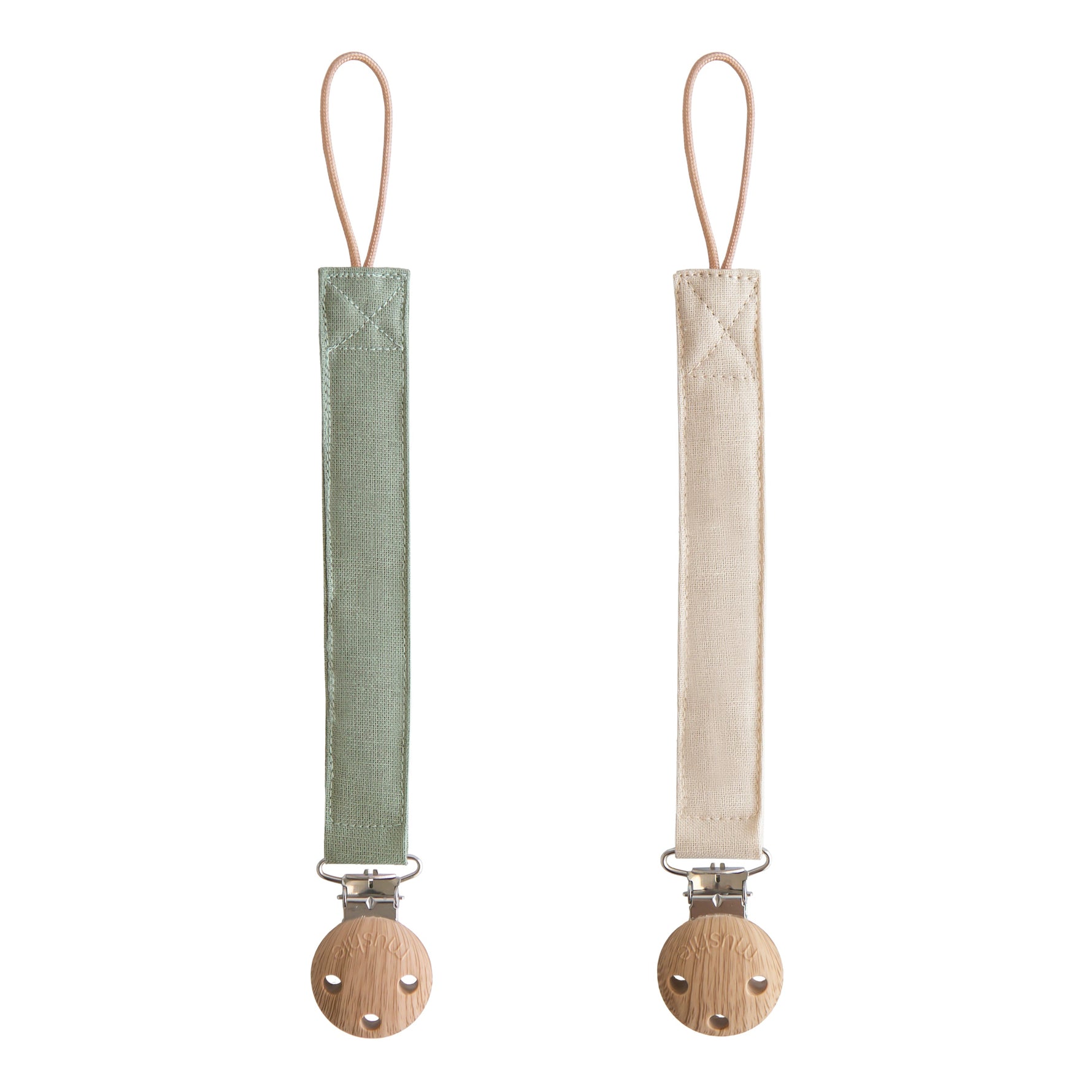 Two linen pacifier clips with faux wood silicone clasps and fabric loops