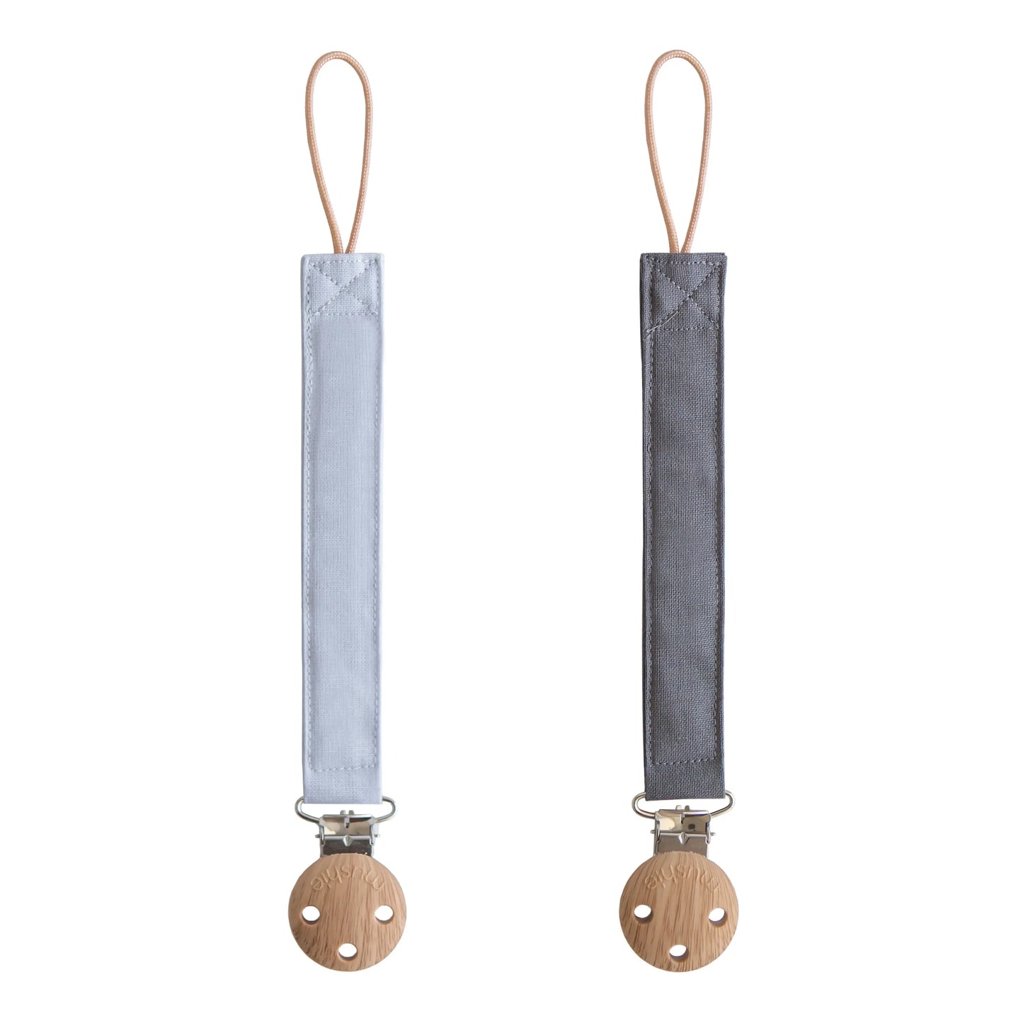 Linen Pacifier Clip Two Pack with Water Resistant Coating and Faux Wood Silicone Clasp Mushie